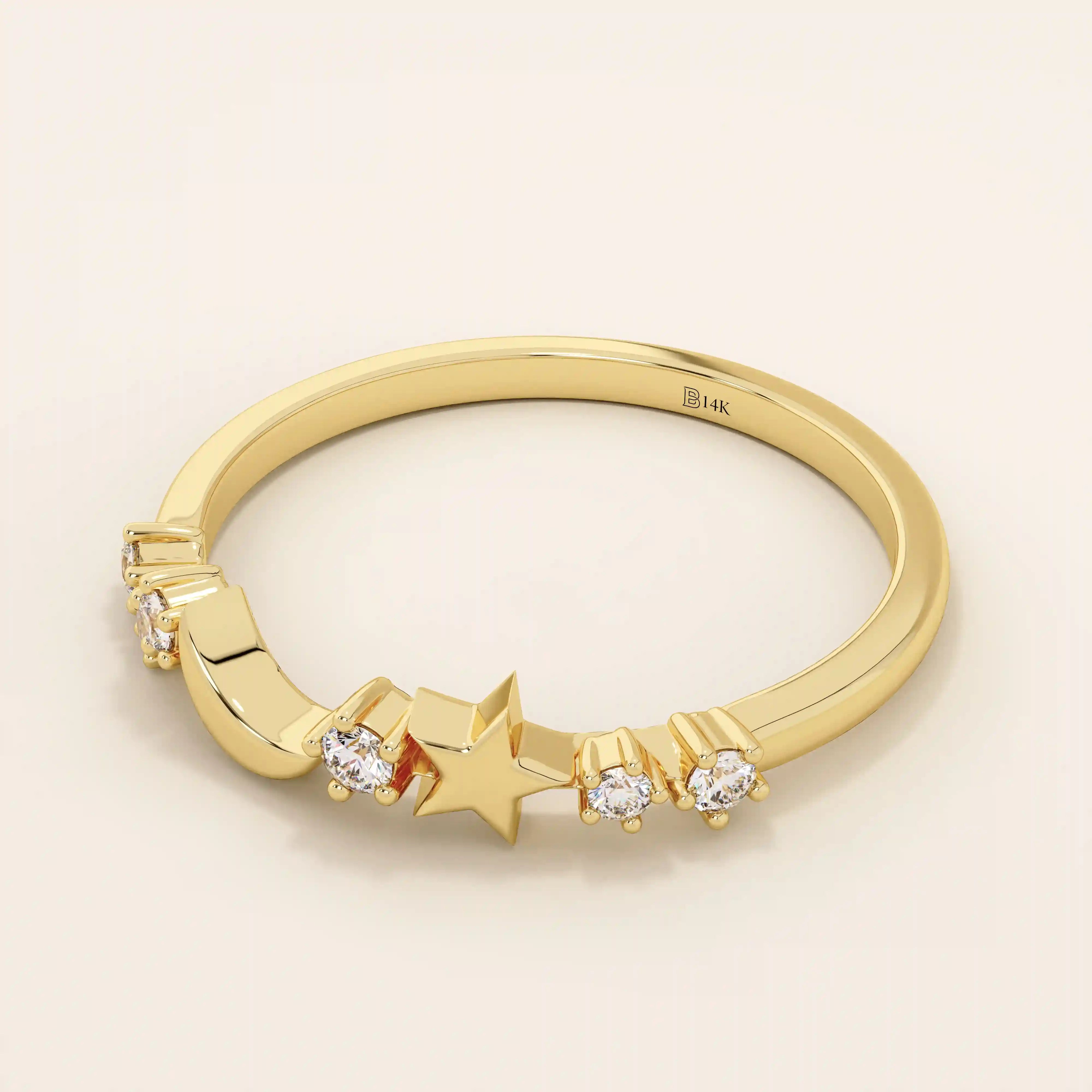 14k solid gold crescent moon and star tiny moissanite stacking wedding ring for women