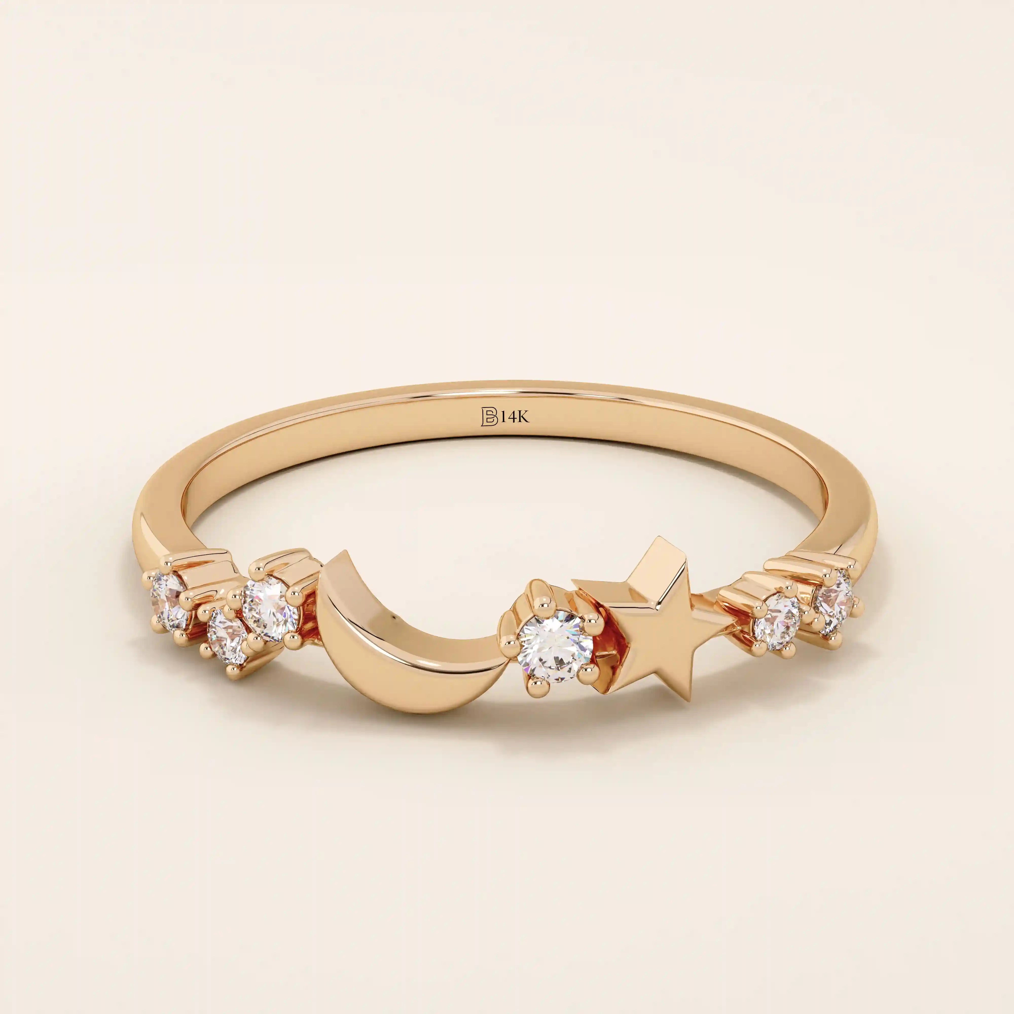 14k solid gold crescent moon and star tiny moissanite stacking wedding ring for women