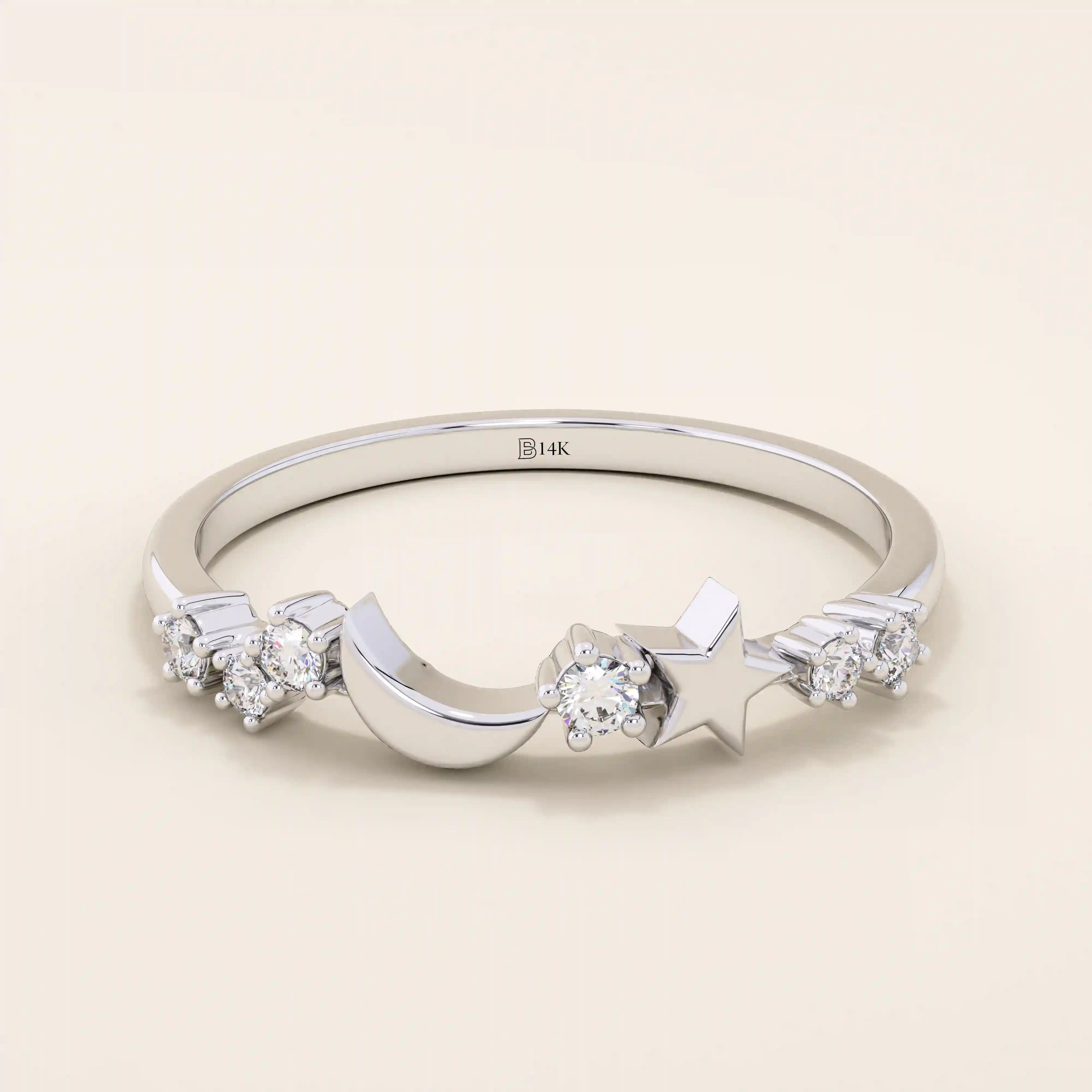 14k solid gold crescent moon and star tiny moissanite stacking wedding ring for women