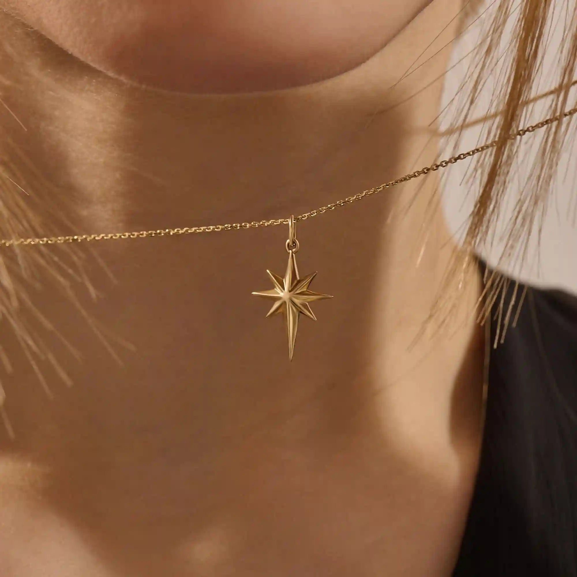 14k solid gold north star burst pendant necklace for women