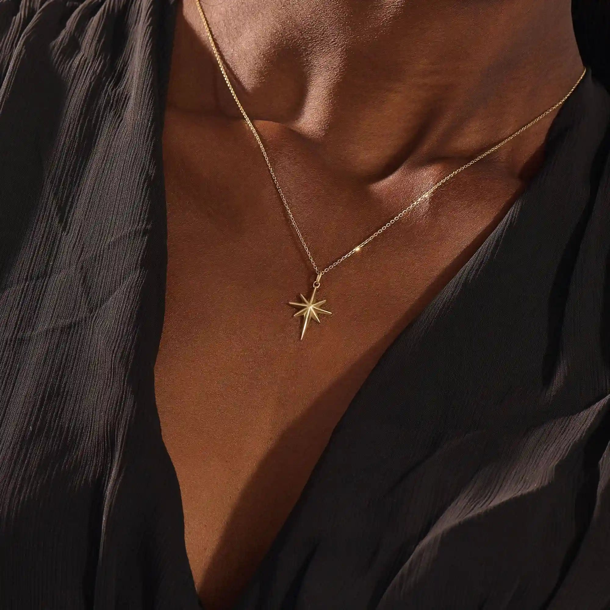 14k solid gold north star burst pendant necklace for women