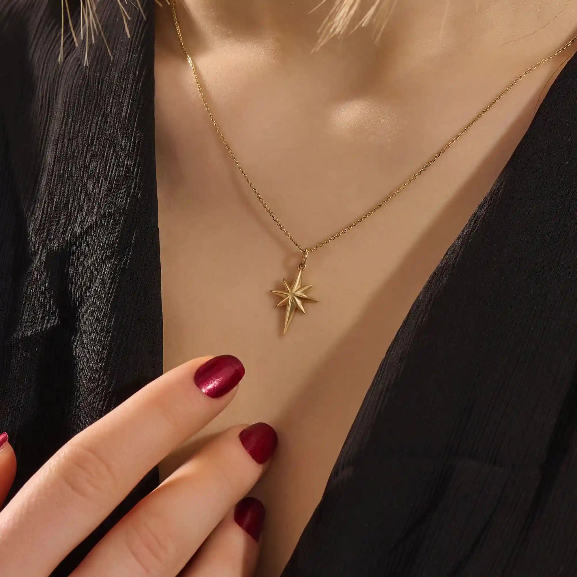 14k solid gold north star burst pendant necklace for women