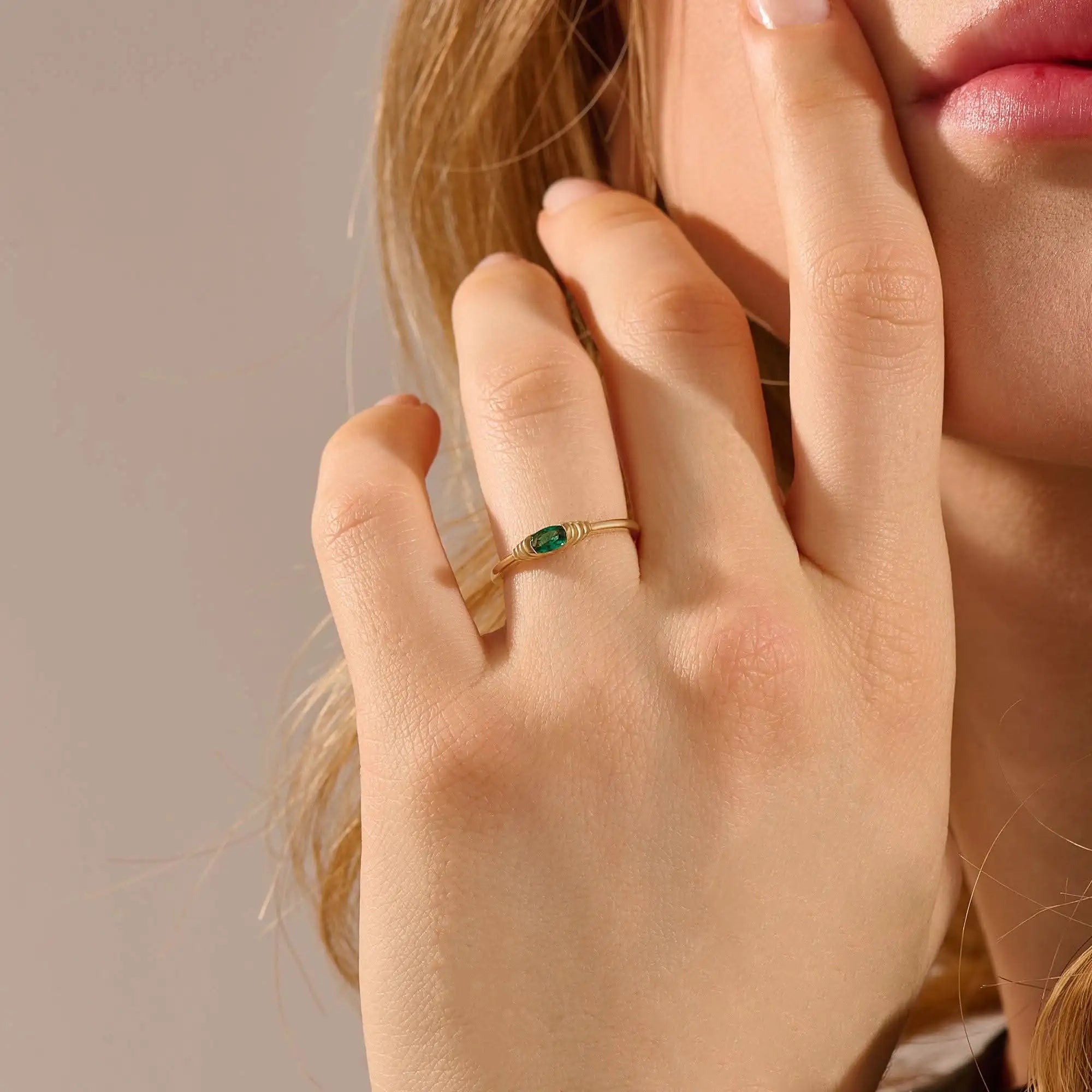14k solid gold slim band stackable statement ring with small oval lab created emerald gemstone