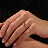 14k solid gold slim band stackable statement ring with small oval lab created emerald gemstone