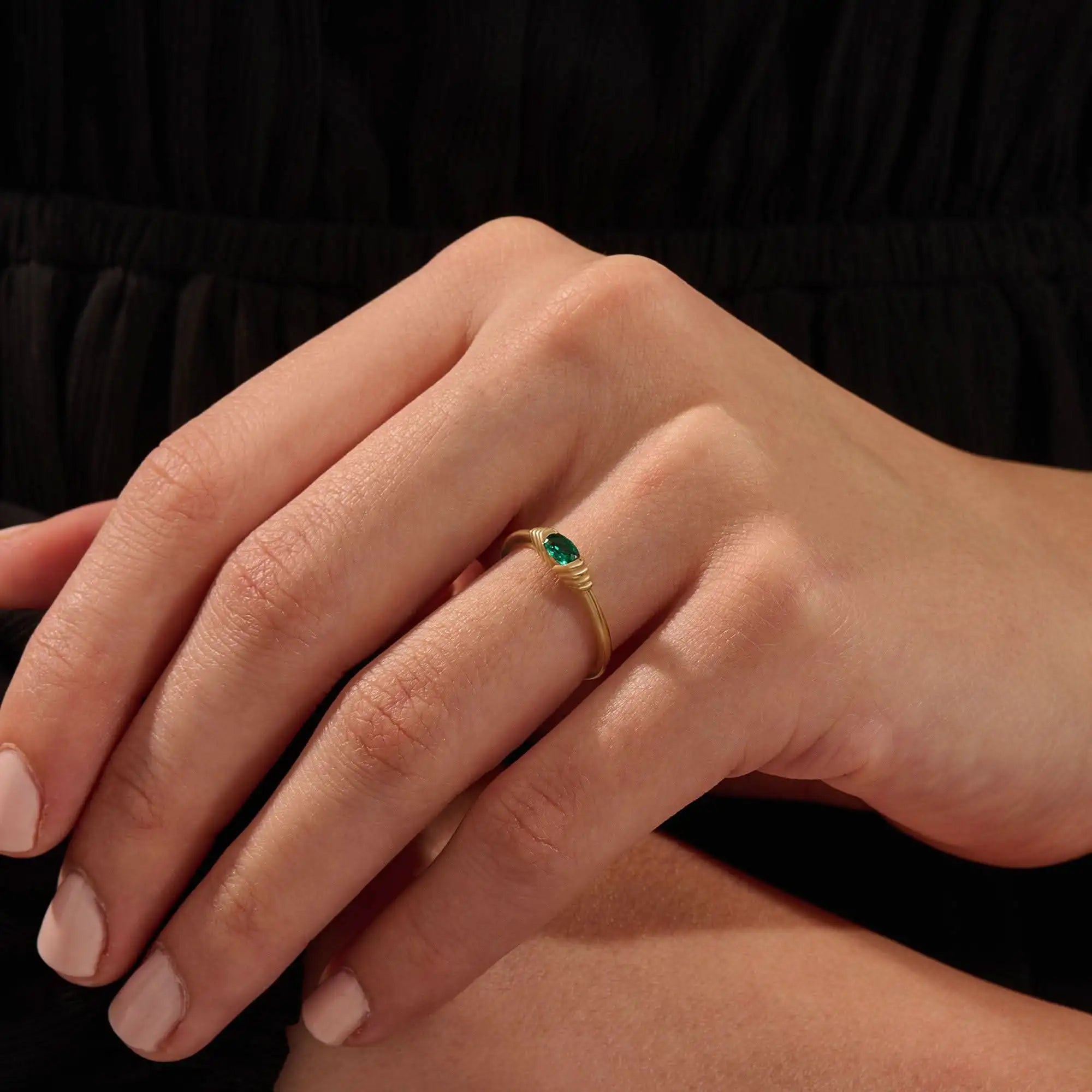 14k solid gold slim band stackable statement ring with small oval lab created emerald gemstone