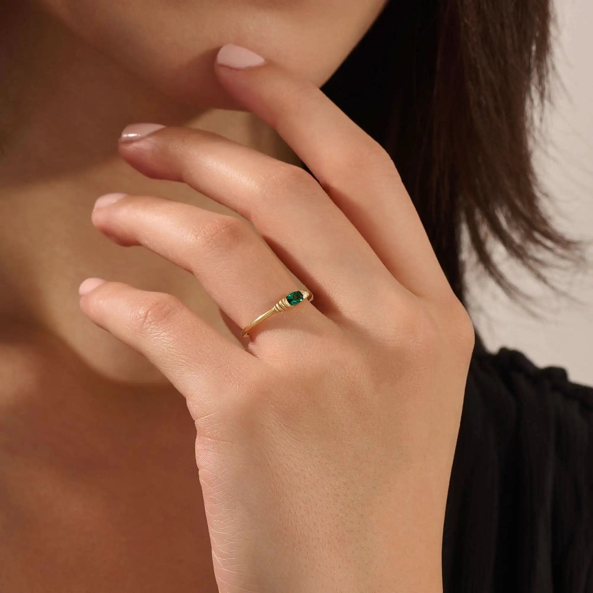 14k solid gold slim band stackable statement ring with small oval lab created emerald gemstone