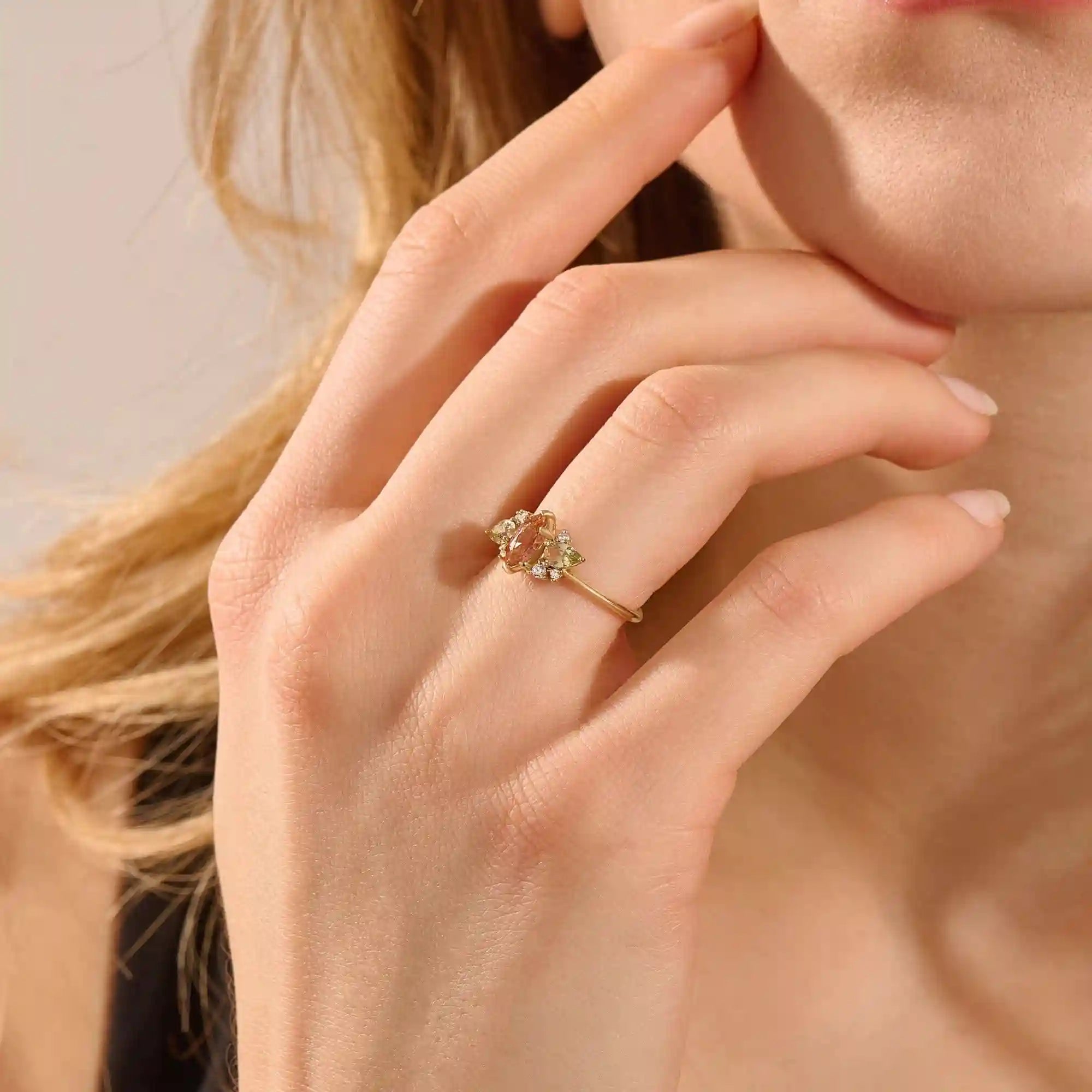 14K ENGAGEMENT RING with a marquise Padparadscha Sapphire, complemented by pear-cut olive green sapphire and sparkling moissanite stones FOR WOMEN