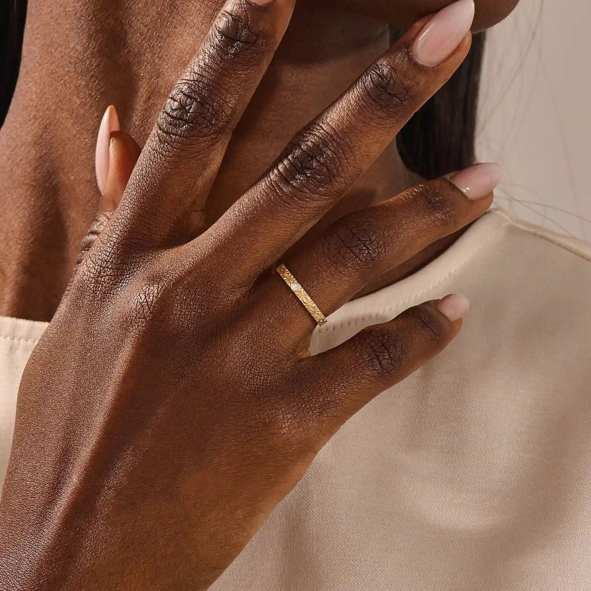 14k solid gold geometric textured patterned slim unisex wedding band alliance