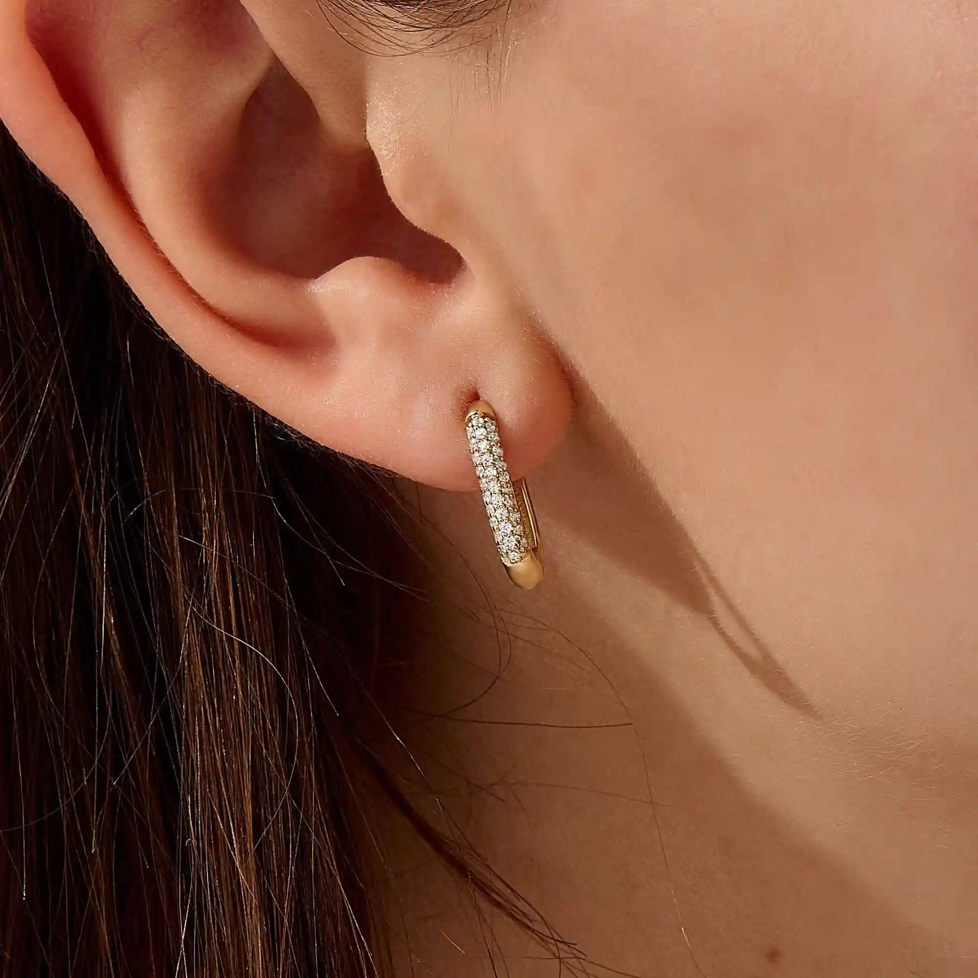 PAVE CZ OVAL U SHAPE HOOP EARRINGS IN GOLD