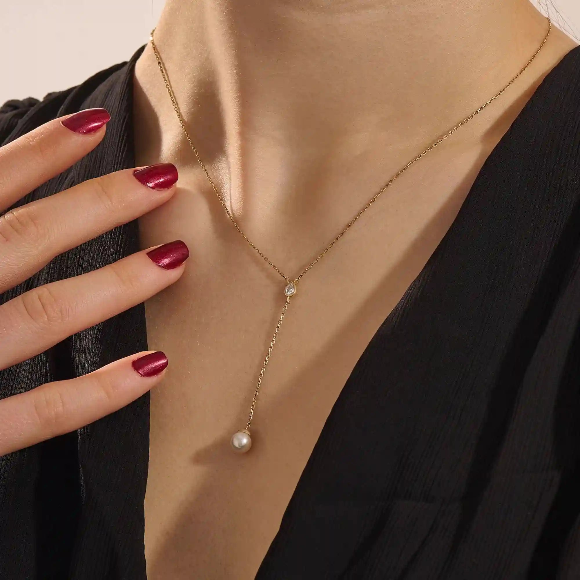 14k solid gold y lariat necklace with bezel set moissanite and freshwater pearl for women