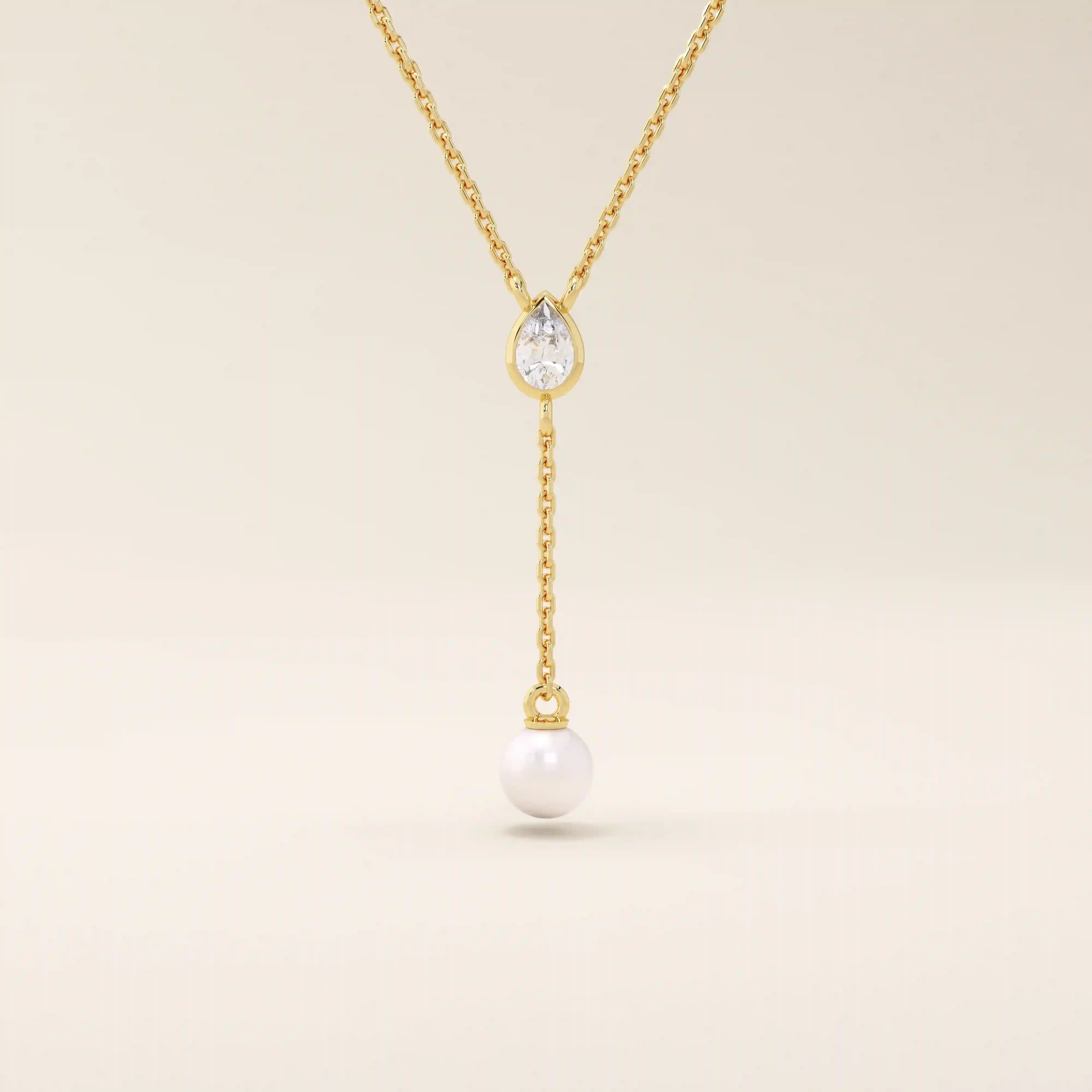14k solid gold y lariat necklace with bezel set moissanite and freshwater pearl for women