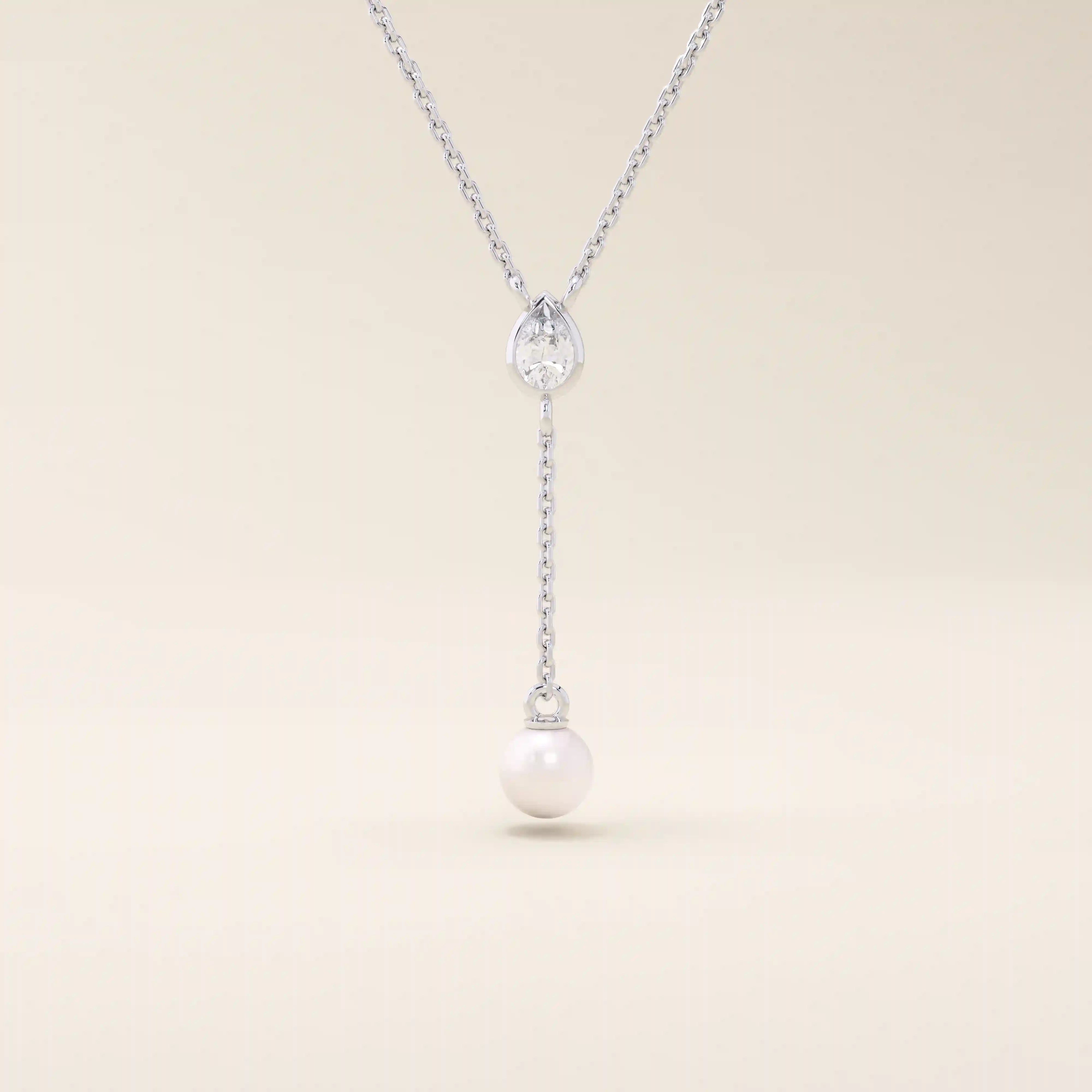 14k solid gold y lariat necklace with bezel set moissanite and freshwater pearl for women