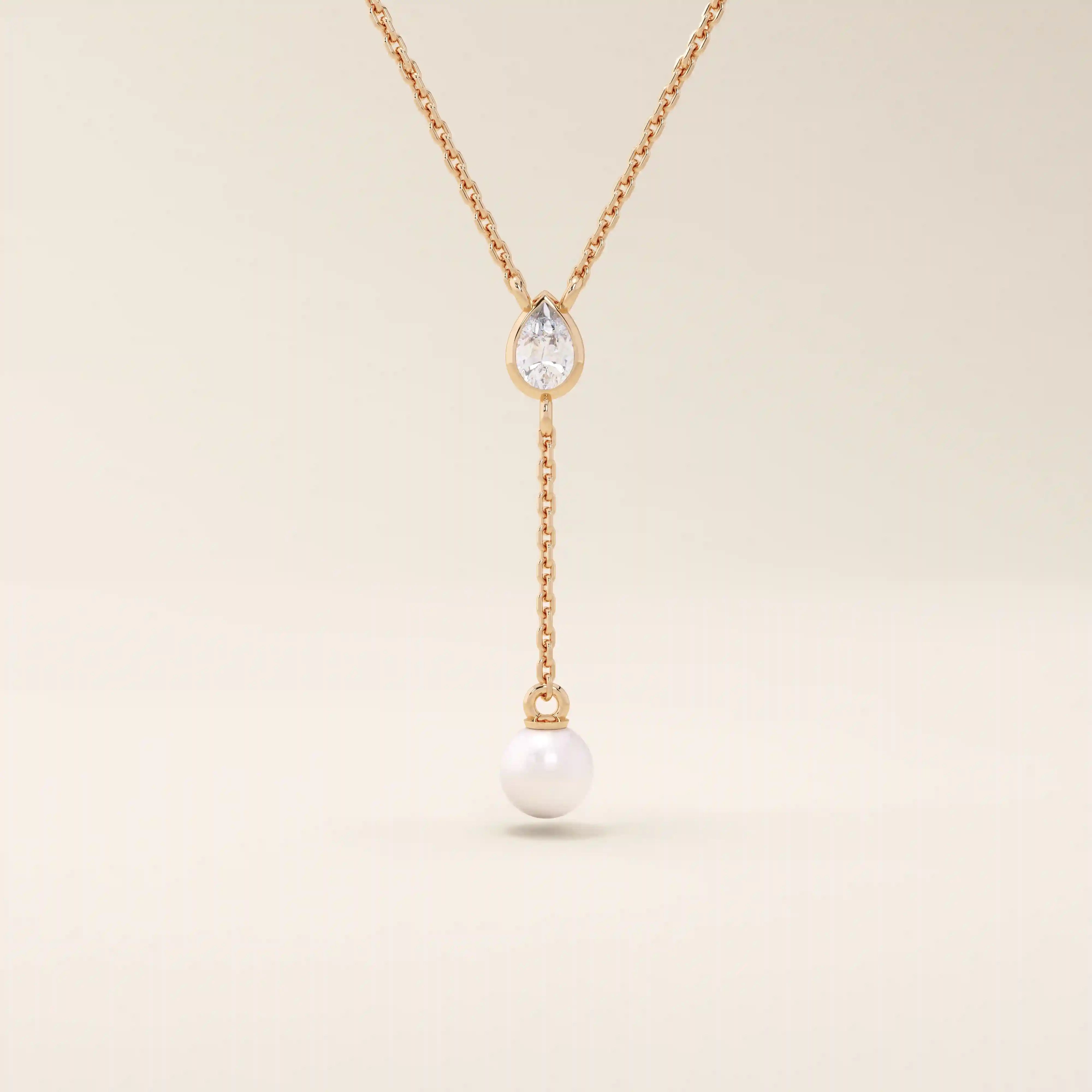 14k solid gold y lariat necklace with bezel set moissanite and freshwater pearl for women