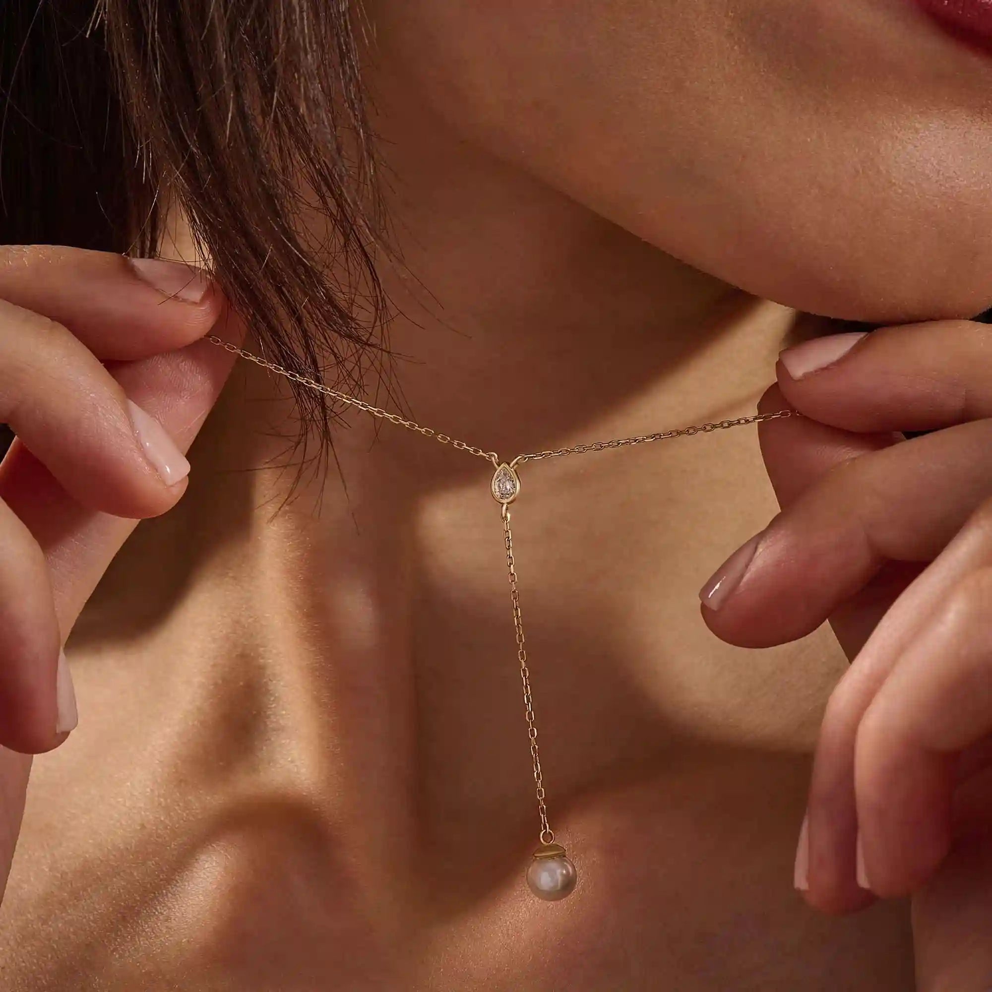 14k solid gold y lariat necklace with bezel set moissanite and freshwater pearl for women