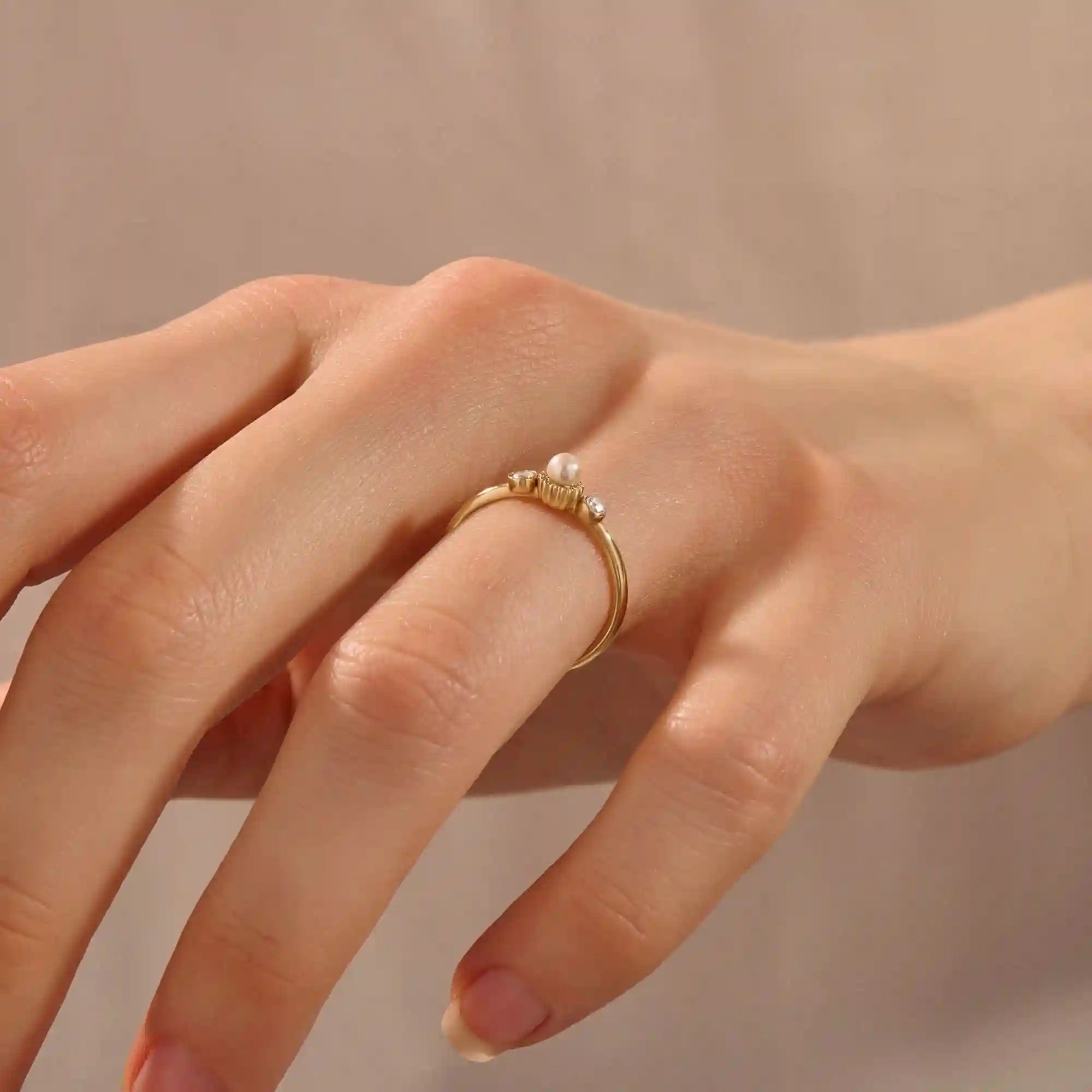 14k solid gold small freshwater pearl engagement ring with tiny moissanite side stones for women
