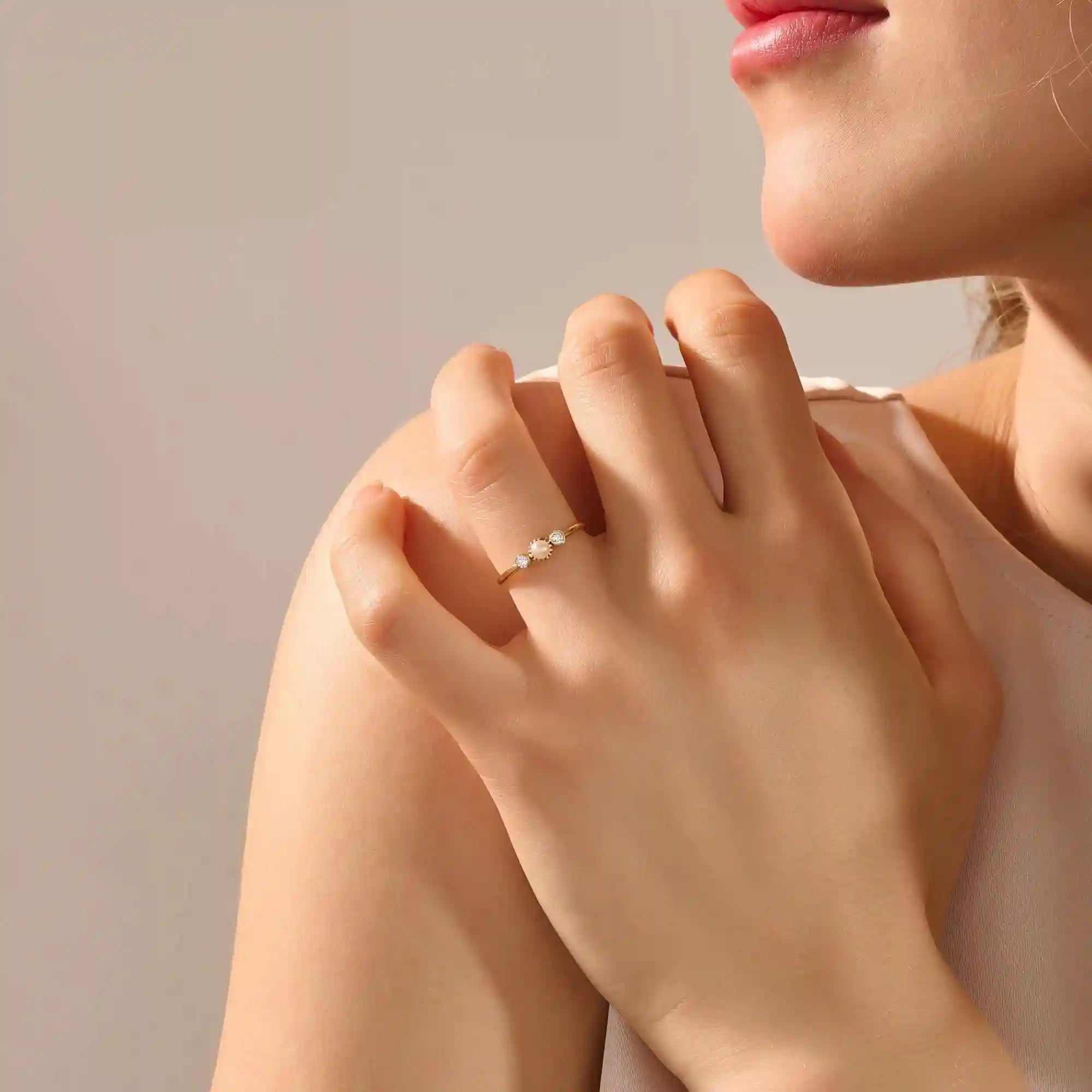 14k solid gold small freshwater pearl engagement ring with tiny moissanite side stones for women