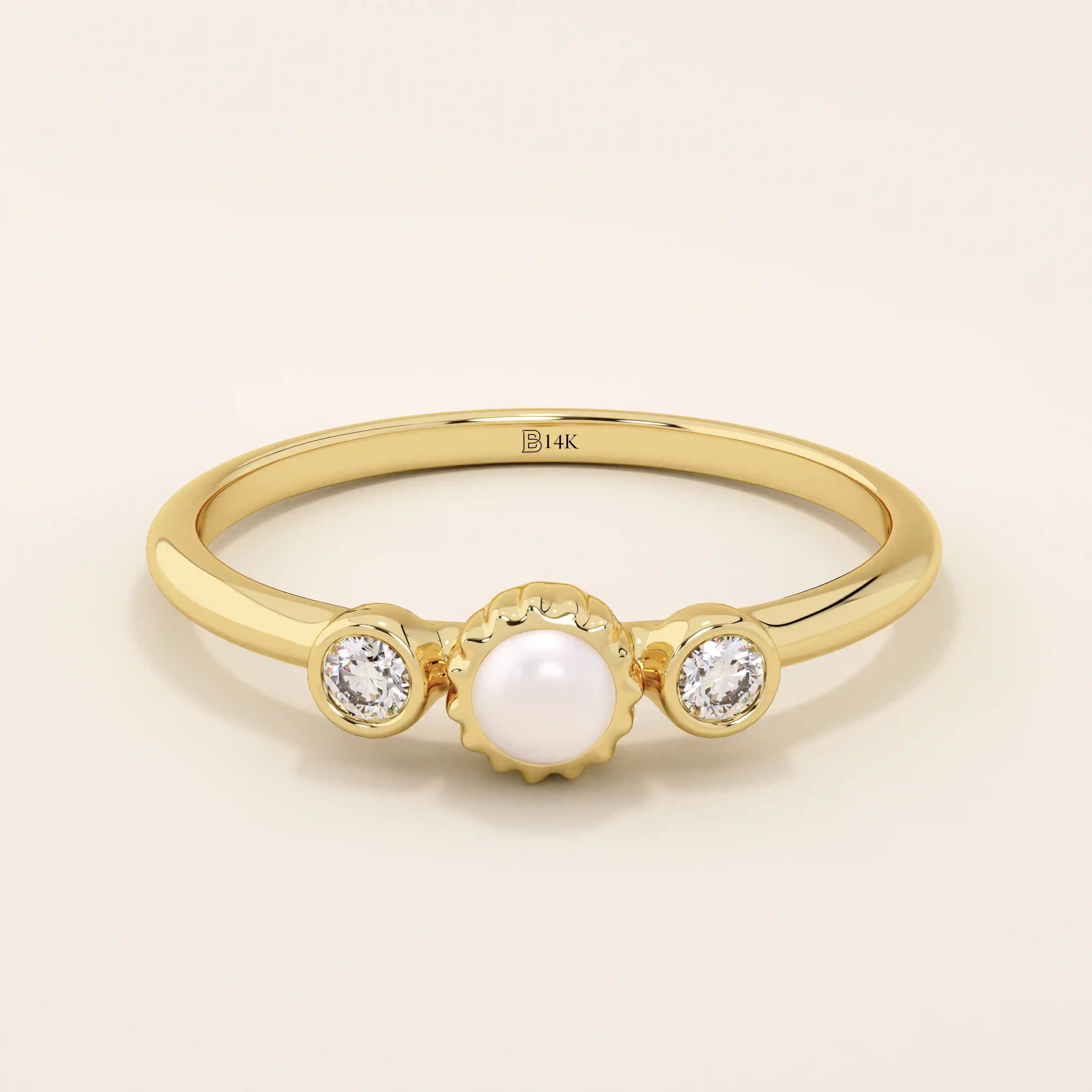 14k solid gold small freshwater pearl engagement ring with tiny moissanite side stones for women