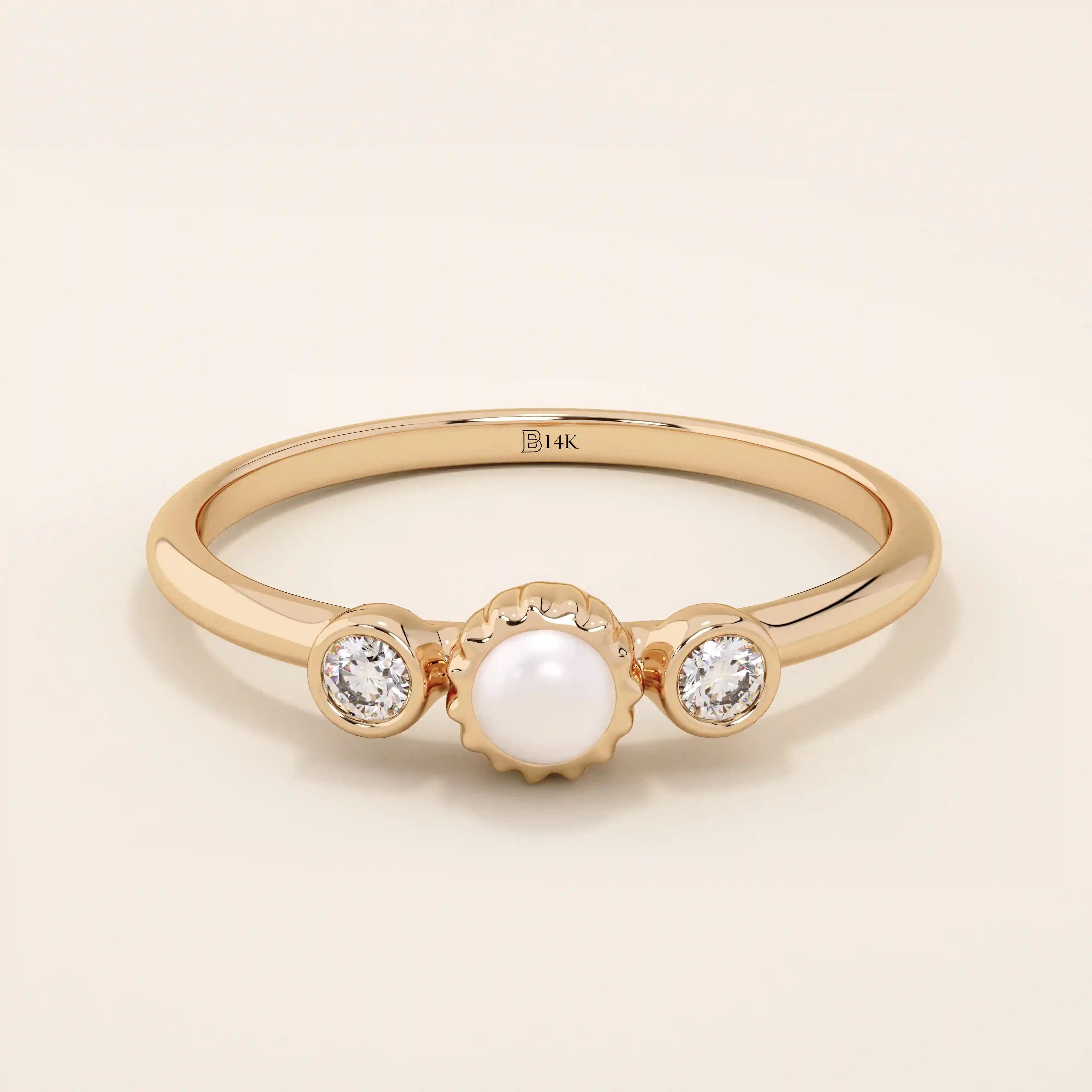 14k solid gold small freshwater pearl engagement ring with tiny moissanite side stones for women