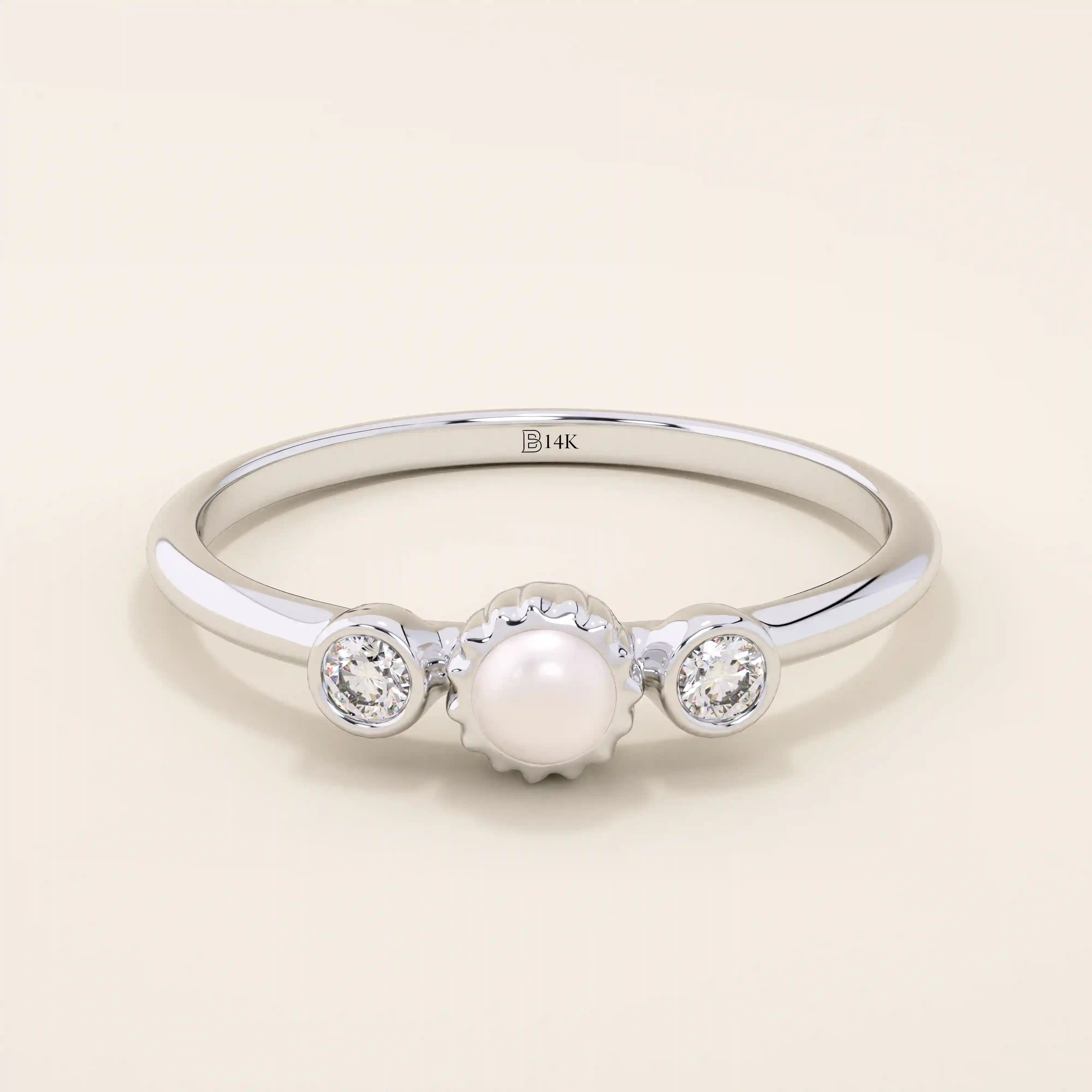 14k solid gold small freshwater pearl engagement ring with tiny moissanite side stones for women