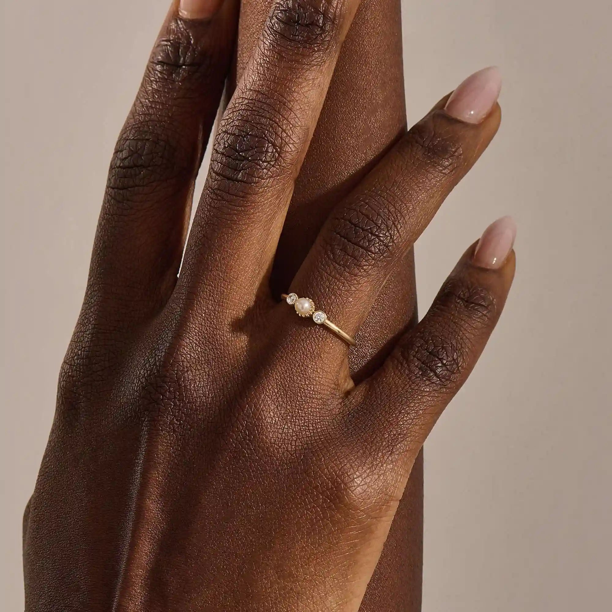 14k solid gold small freshwater pearl engagement ring with tiny moissanite side stones for women