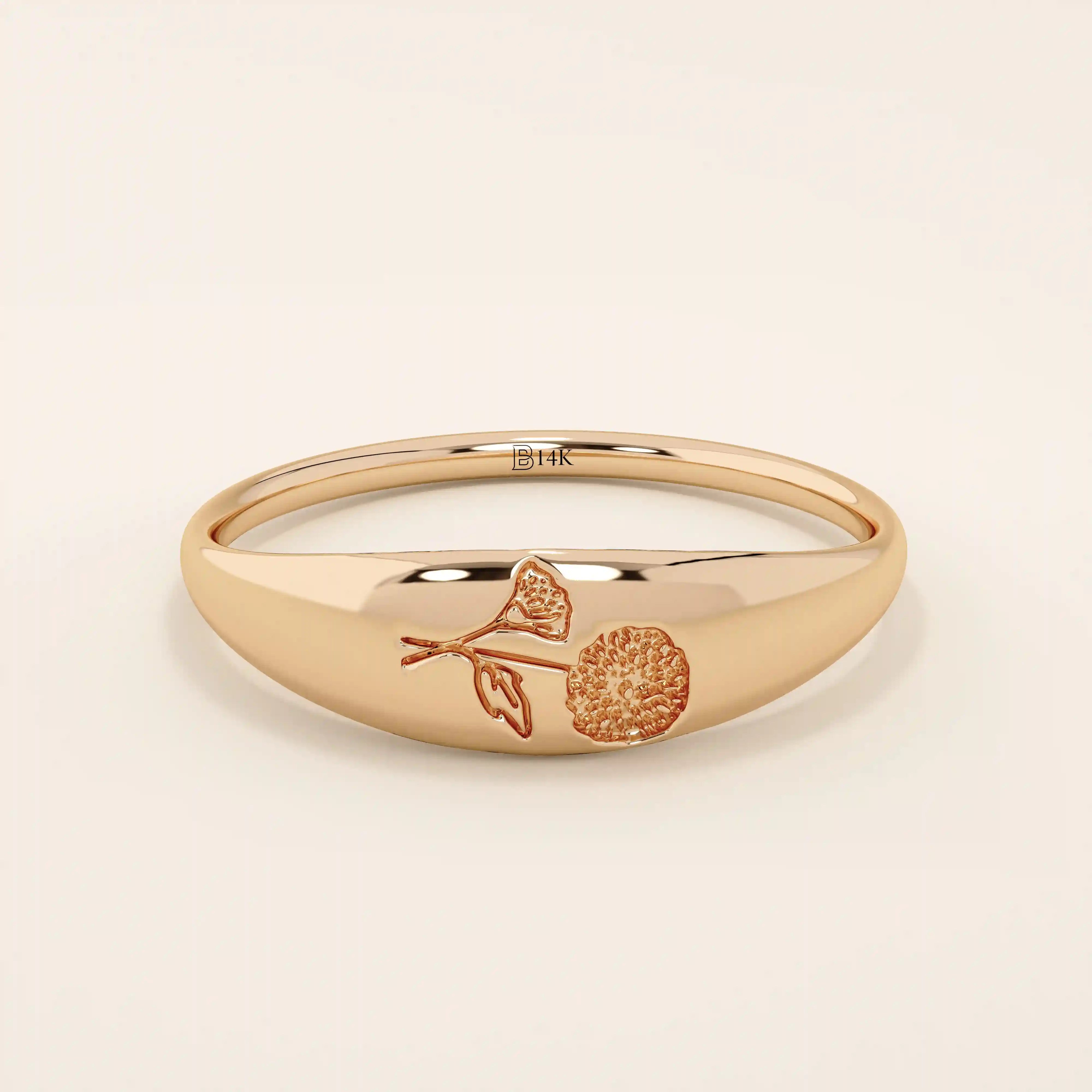 14k solid gold small signet ring with engraved birth flower