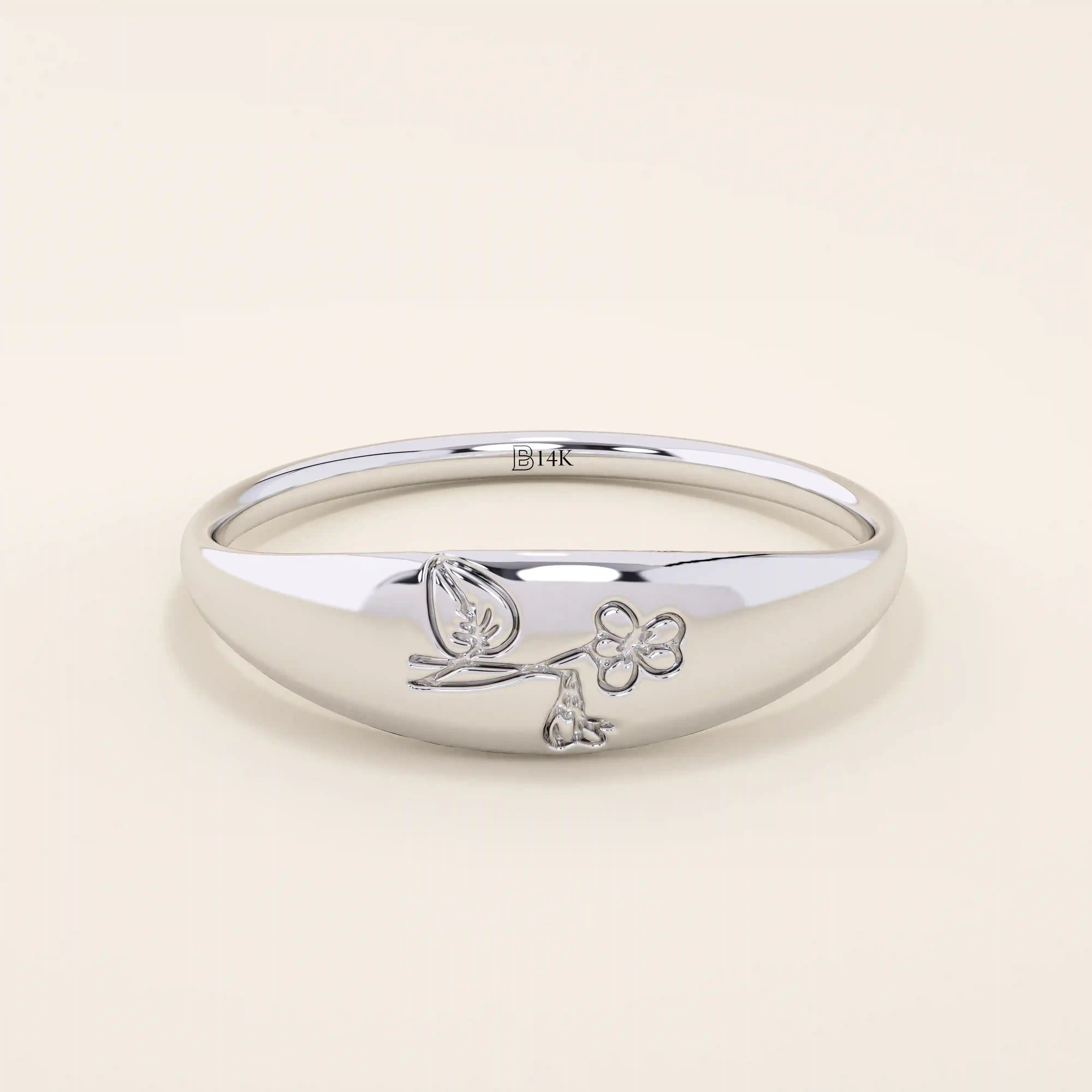 14k solid gold small signet ring with engraved birth flower