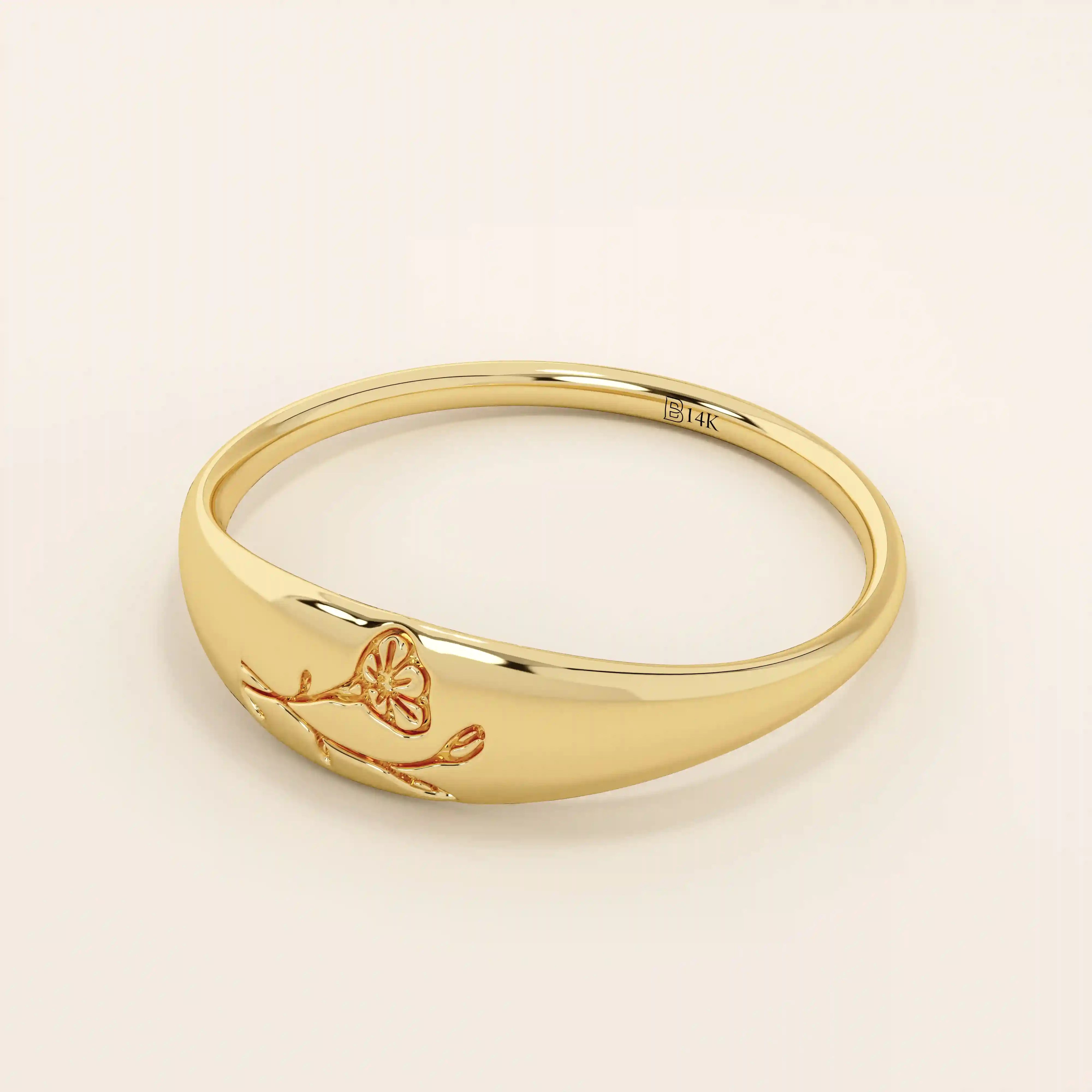14k solid gold small signet ring with engraved birth flower