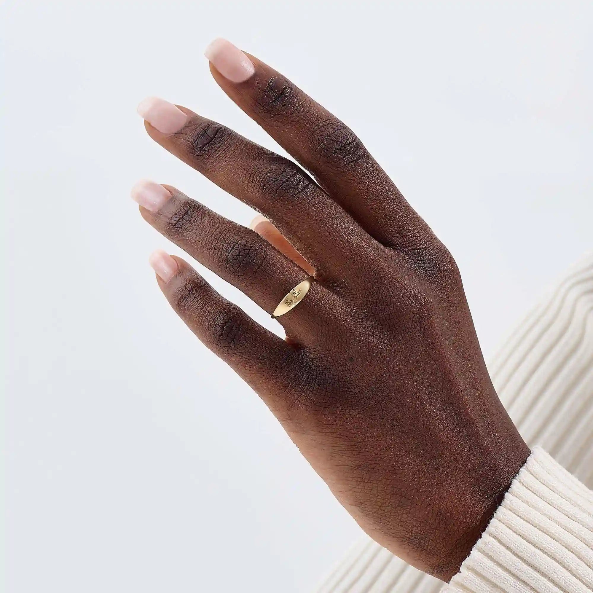 14k solid gold small signet ring with engraved birth flower