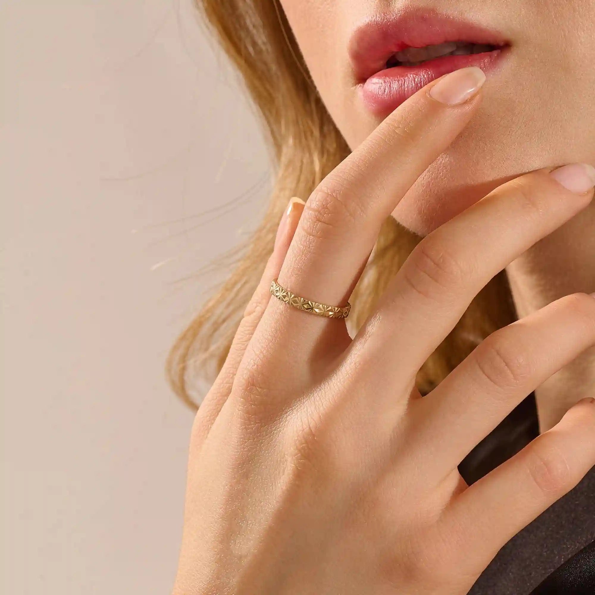 14k solid gold geometric textured patterned slim unisex wedding band alliance with bezel set princess cut moissanite