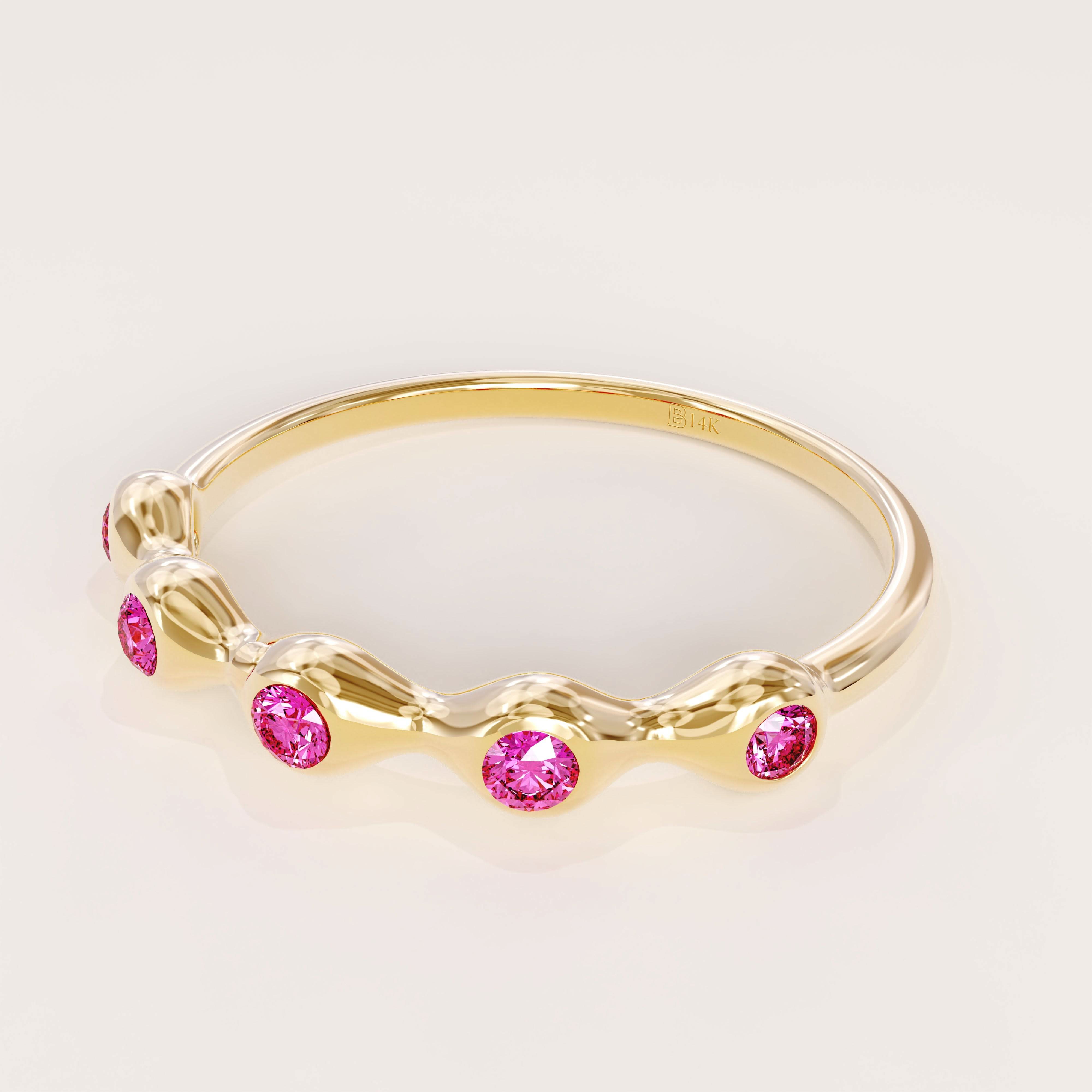 5 lab grown pink ruby birthstones in bezel set stackable wedding ring in 14k solid gold for women
