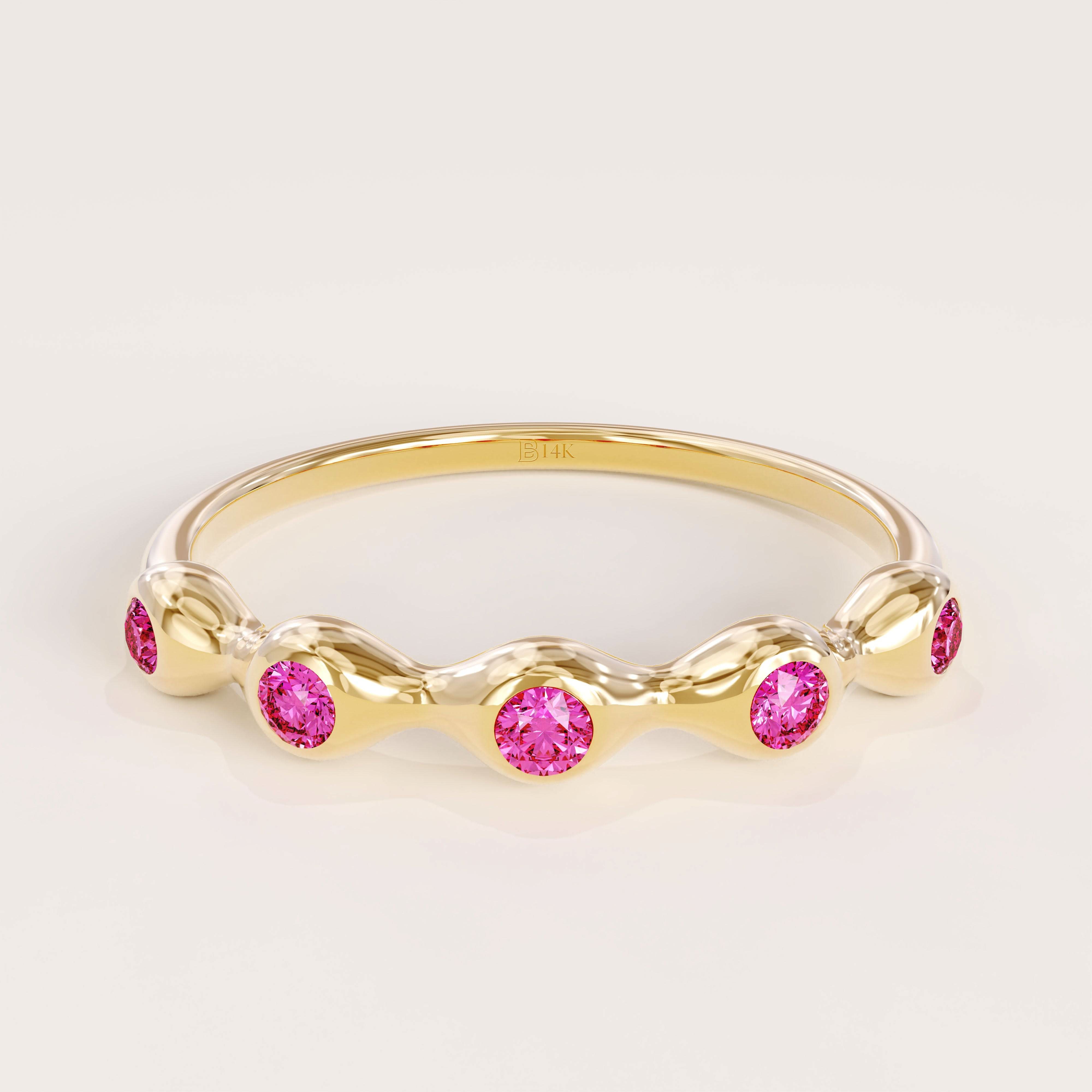 5 lab grown pink ruby birthstones in bezel set stackable wedding ring in 14k solid gold for women