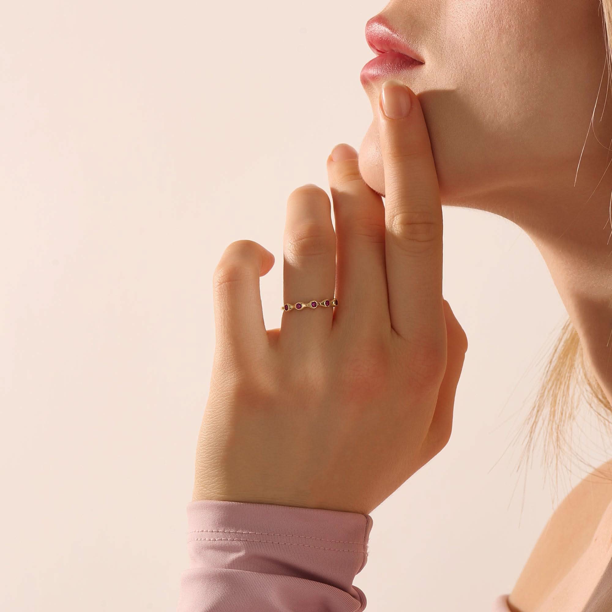 5 lab grown pink ruby birthstones in bezel set stackable wedding ring in 14k solid gold for women