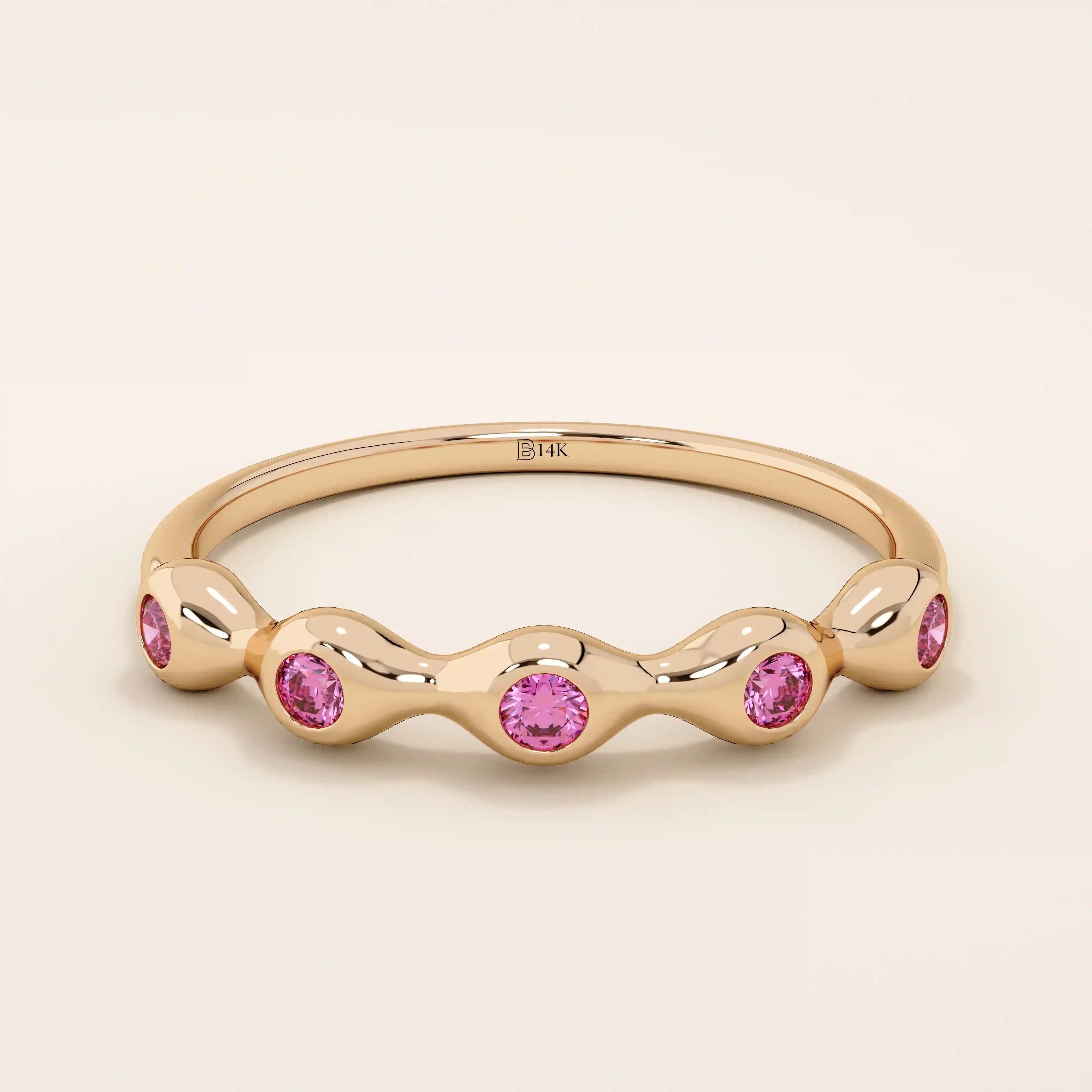 5 lab grown pink ruby birthstones in bezel set stackable wedding ring in 14k solid gold for women