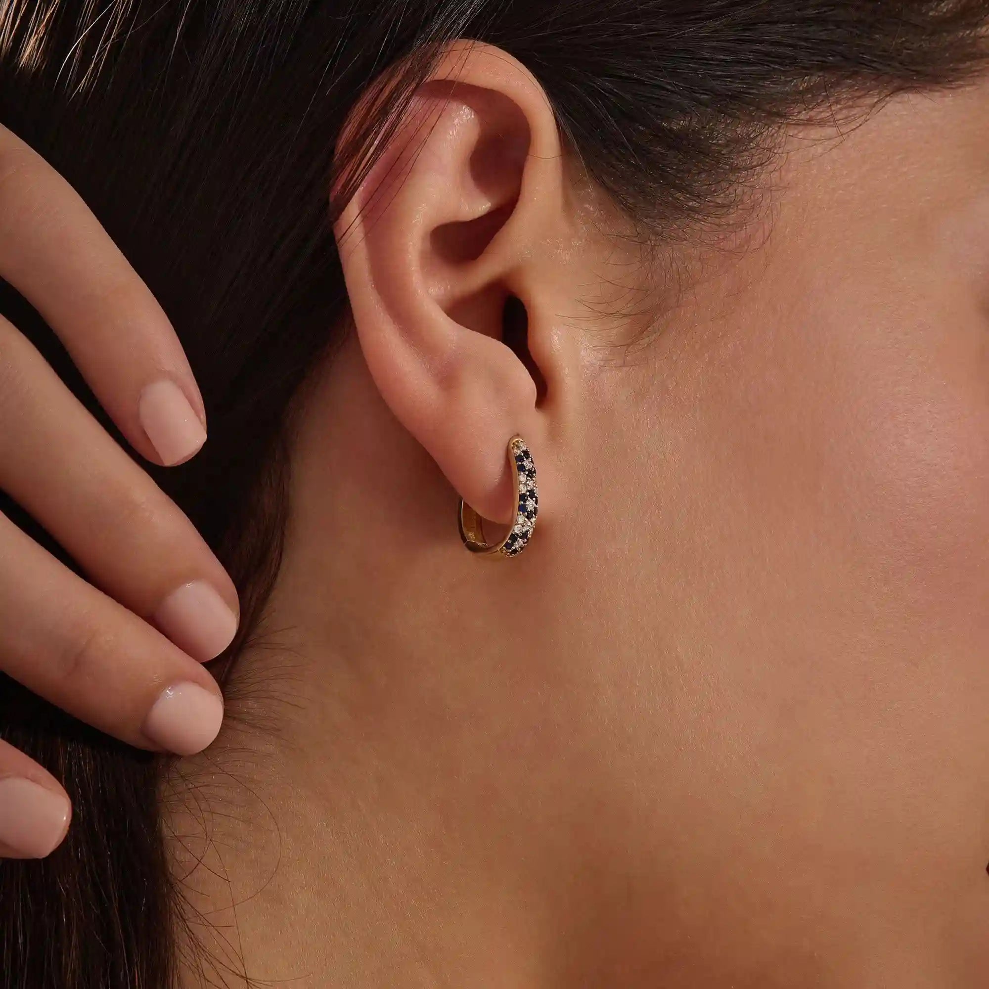 pave SAPPHIRE blue white cz FLOWER pattern HOOP EARRINGS in gold