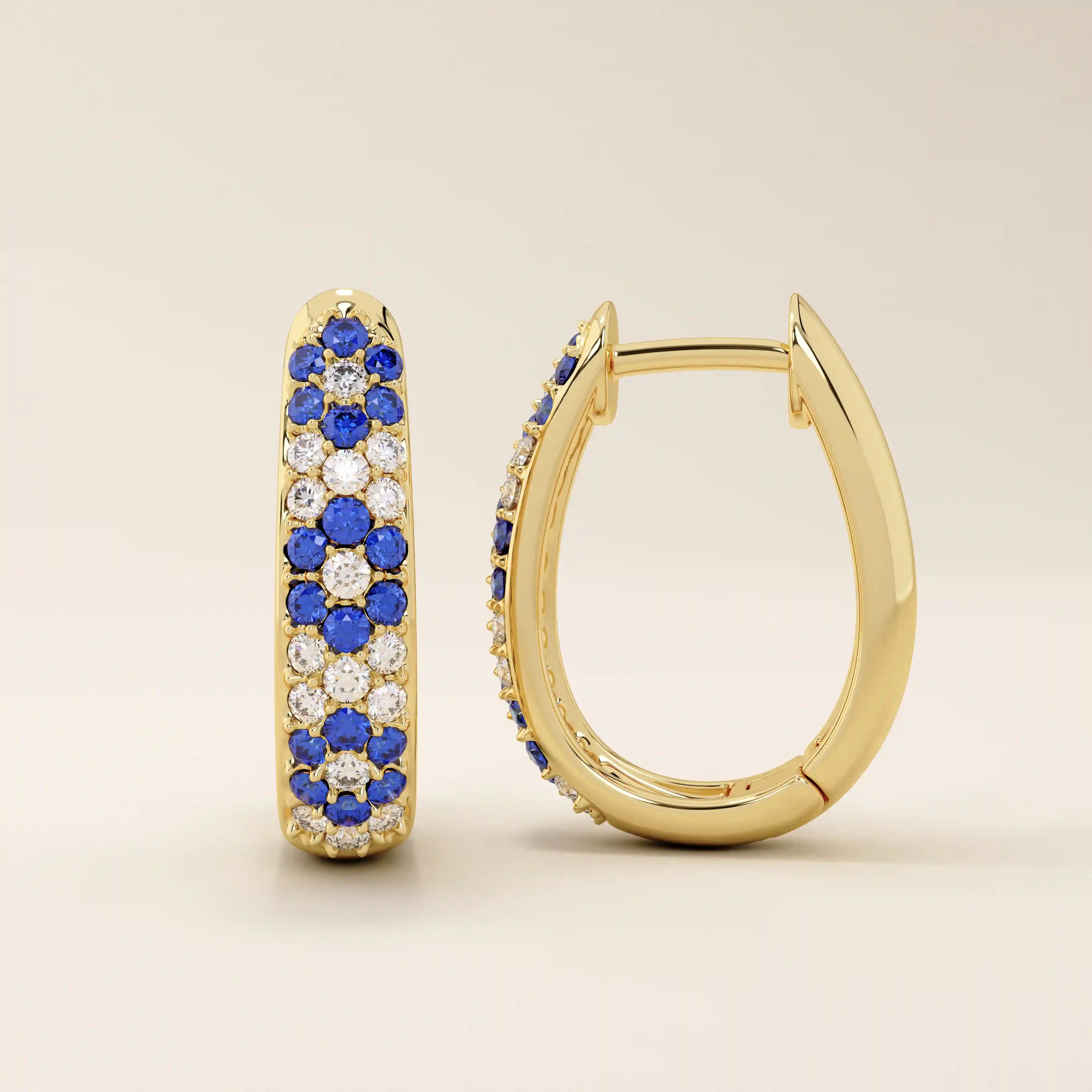 pave SAPPHIRE blue white cz FLOWER pattern HOOP EARRINGS in gold