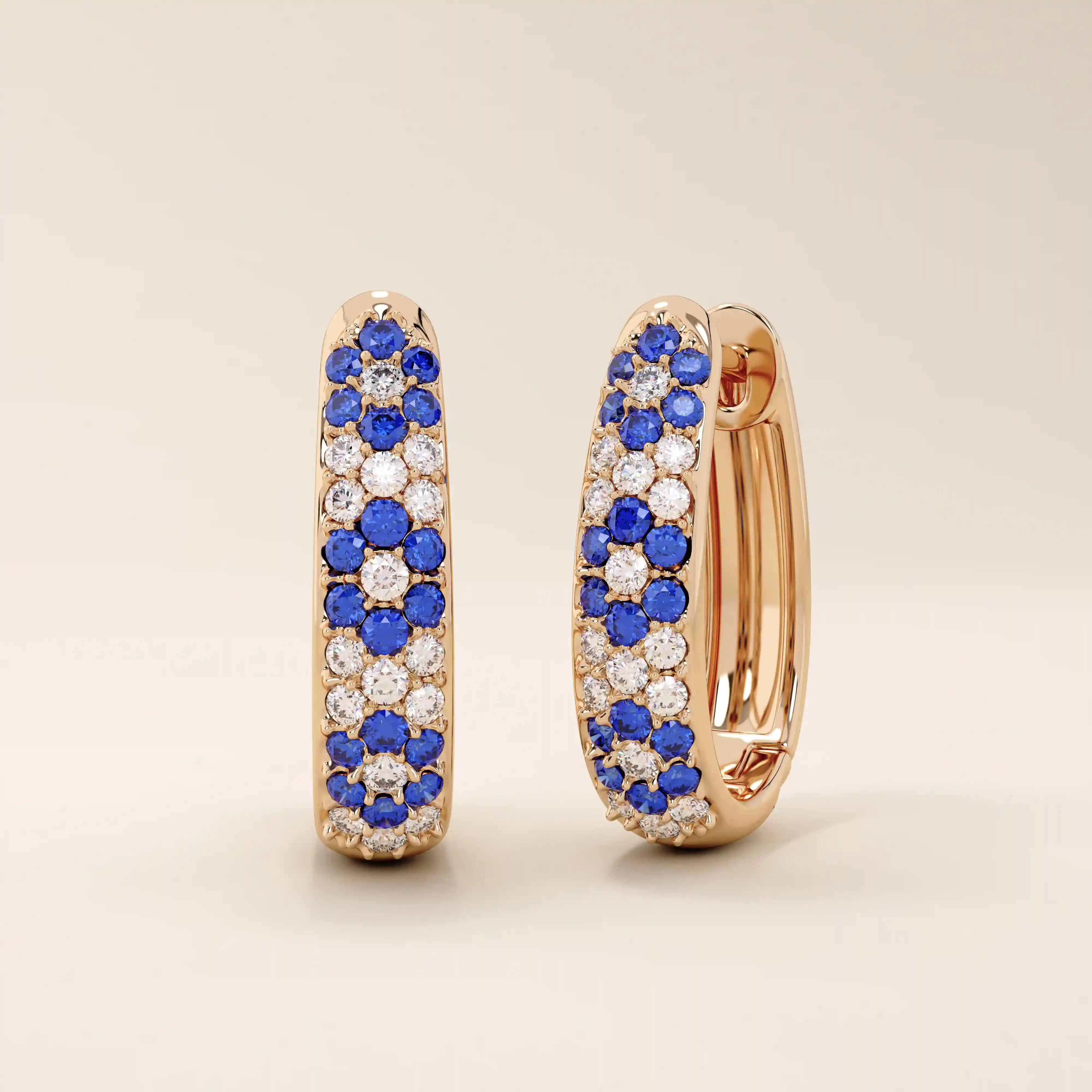 pave SAPPHIRE blue white cz FLOWER pattern HOOP EARRINGS in gold