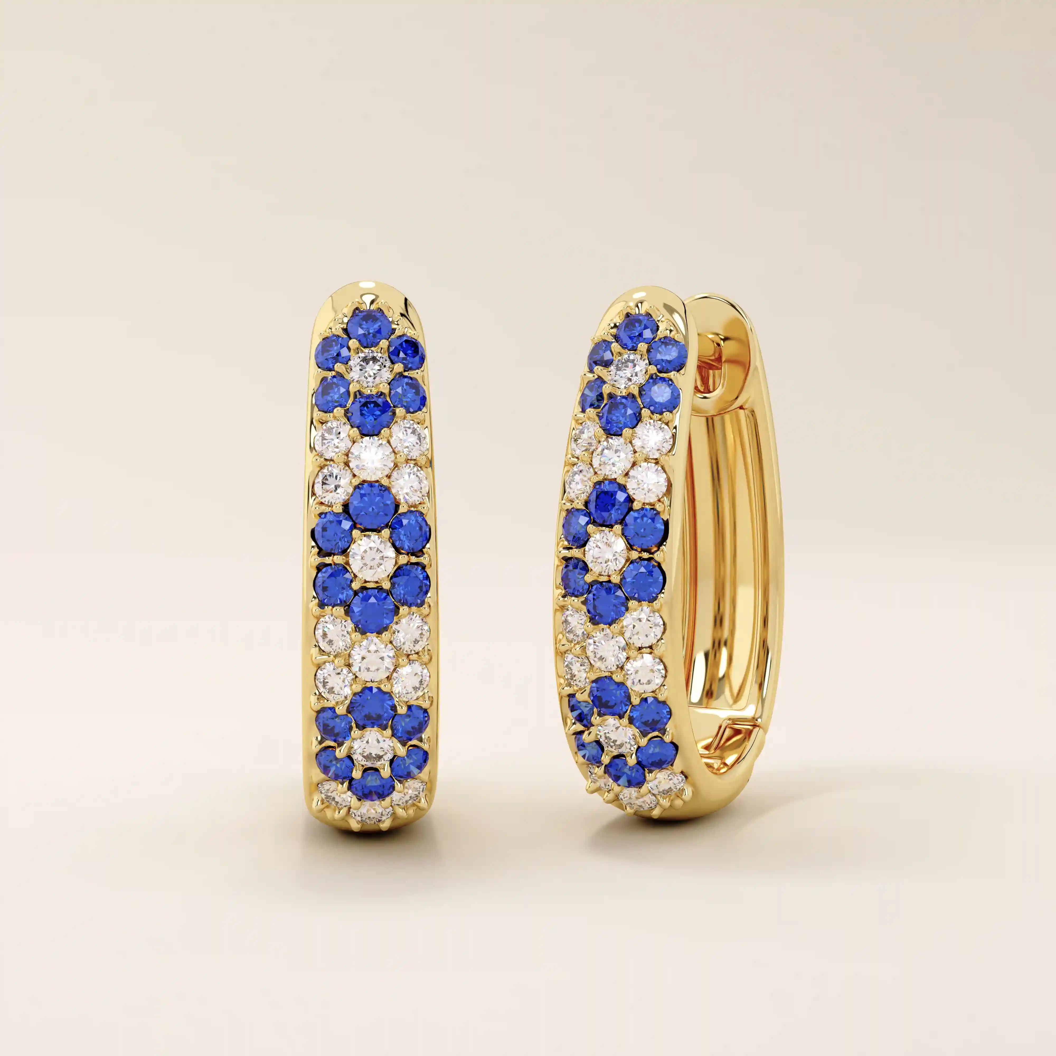 pave SAPPHIRE blue white cz FLOWER pattern HOOP EARRINGS in gold