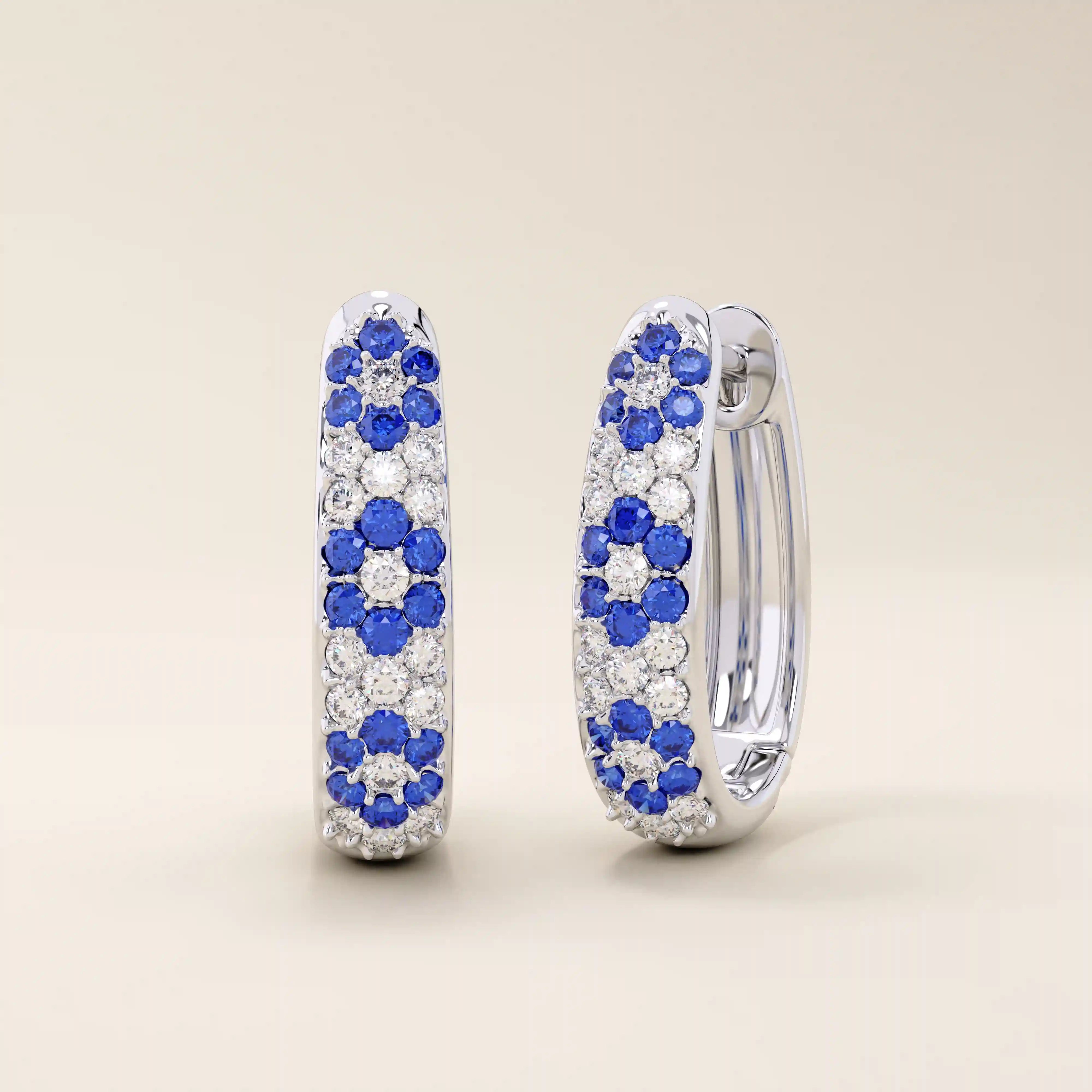 pave SAPPHIRE blue white cz FLOWER pattern HOOP EARRINGS in gold