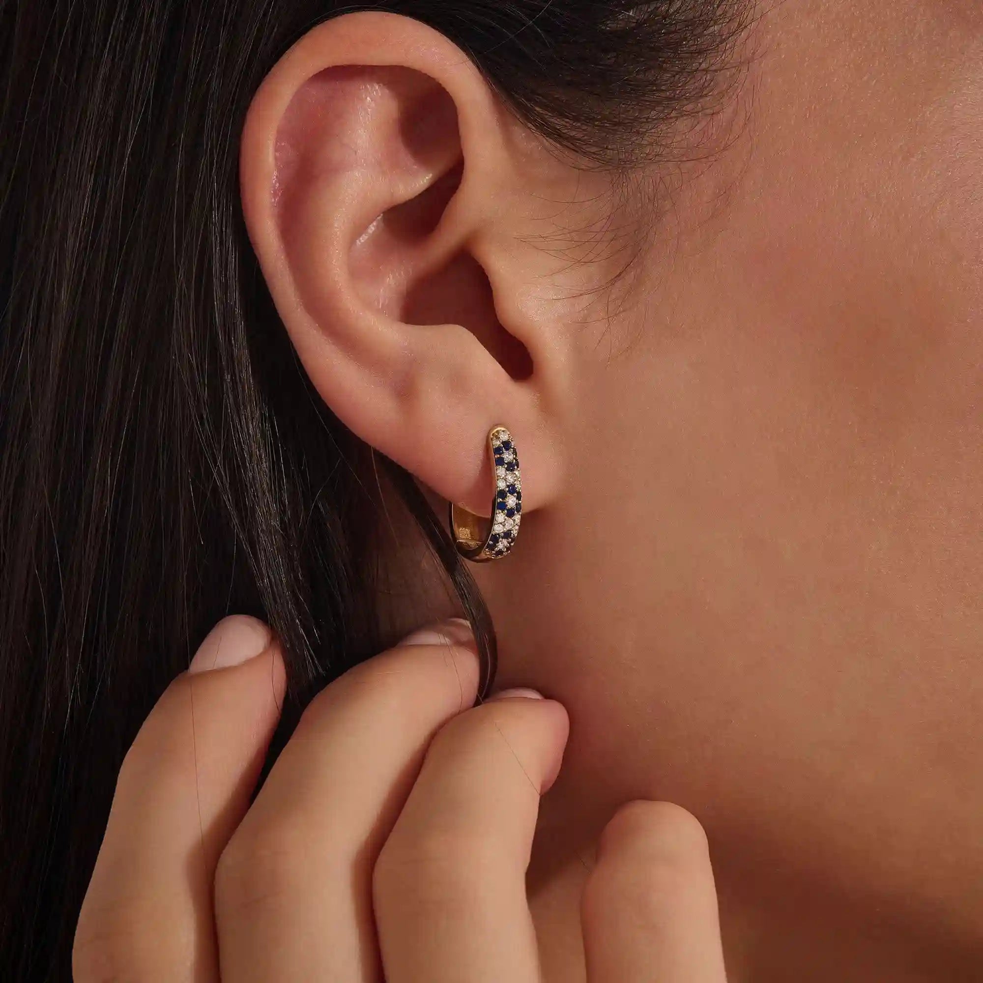 pave SAPPHIRE blue white cz FLOWER pattern HOOP EARRINGS in gold