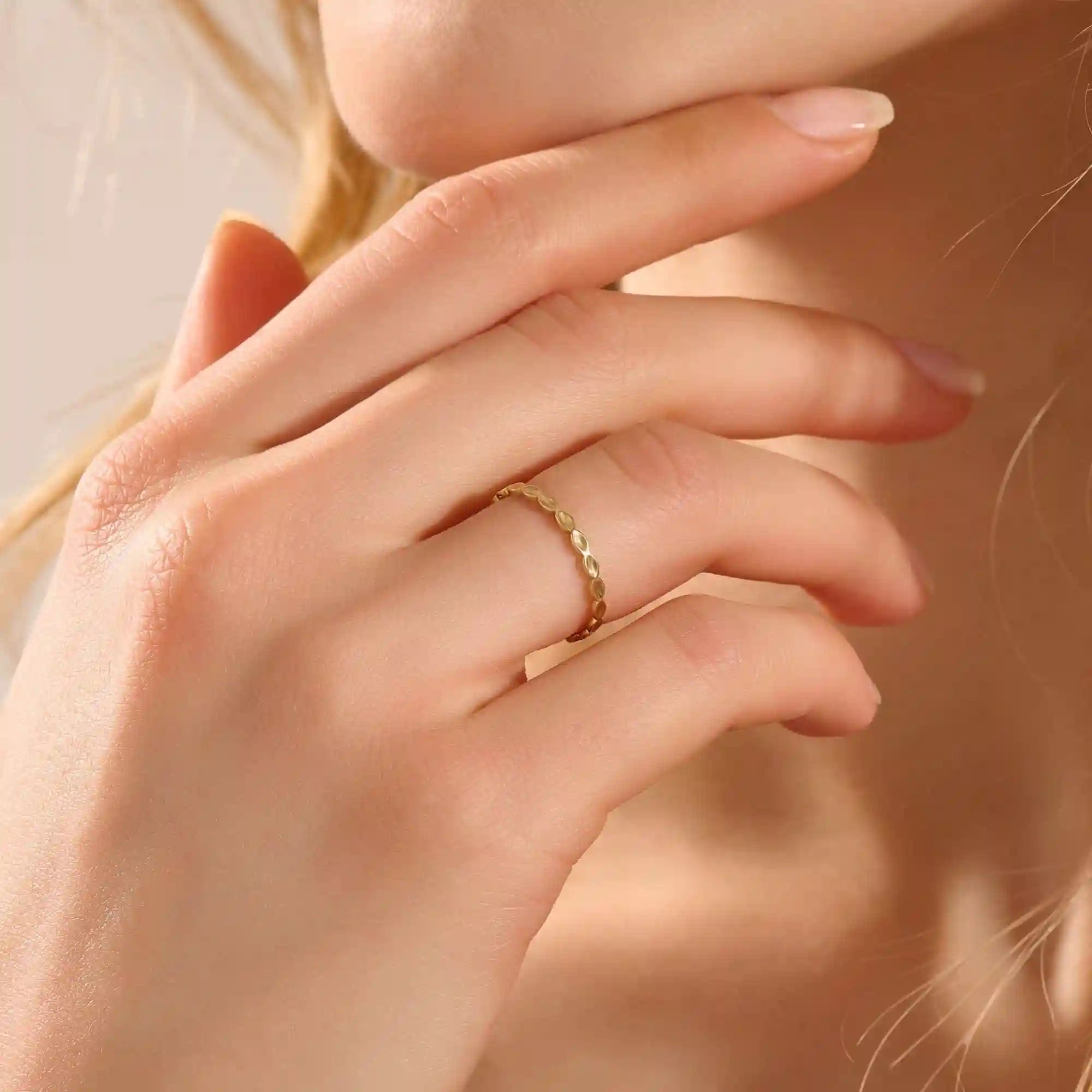 14K solid gold plain slim bumpy stacking ring for women