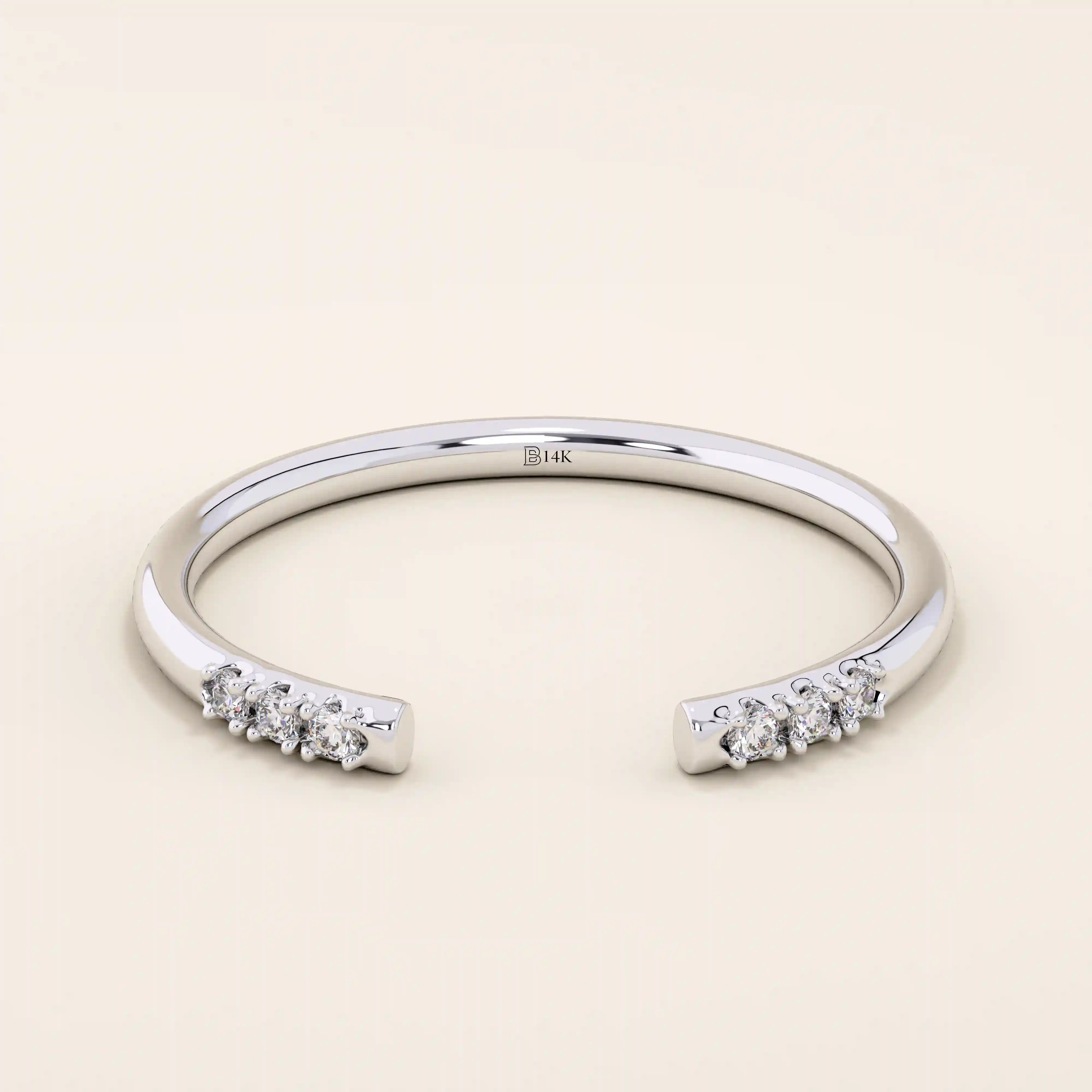 14k solid gold open band stacking wedding ring with tiny moissanite stones