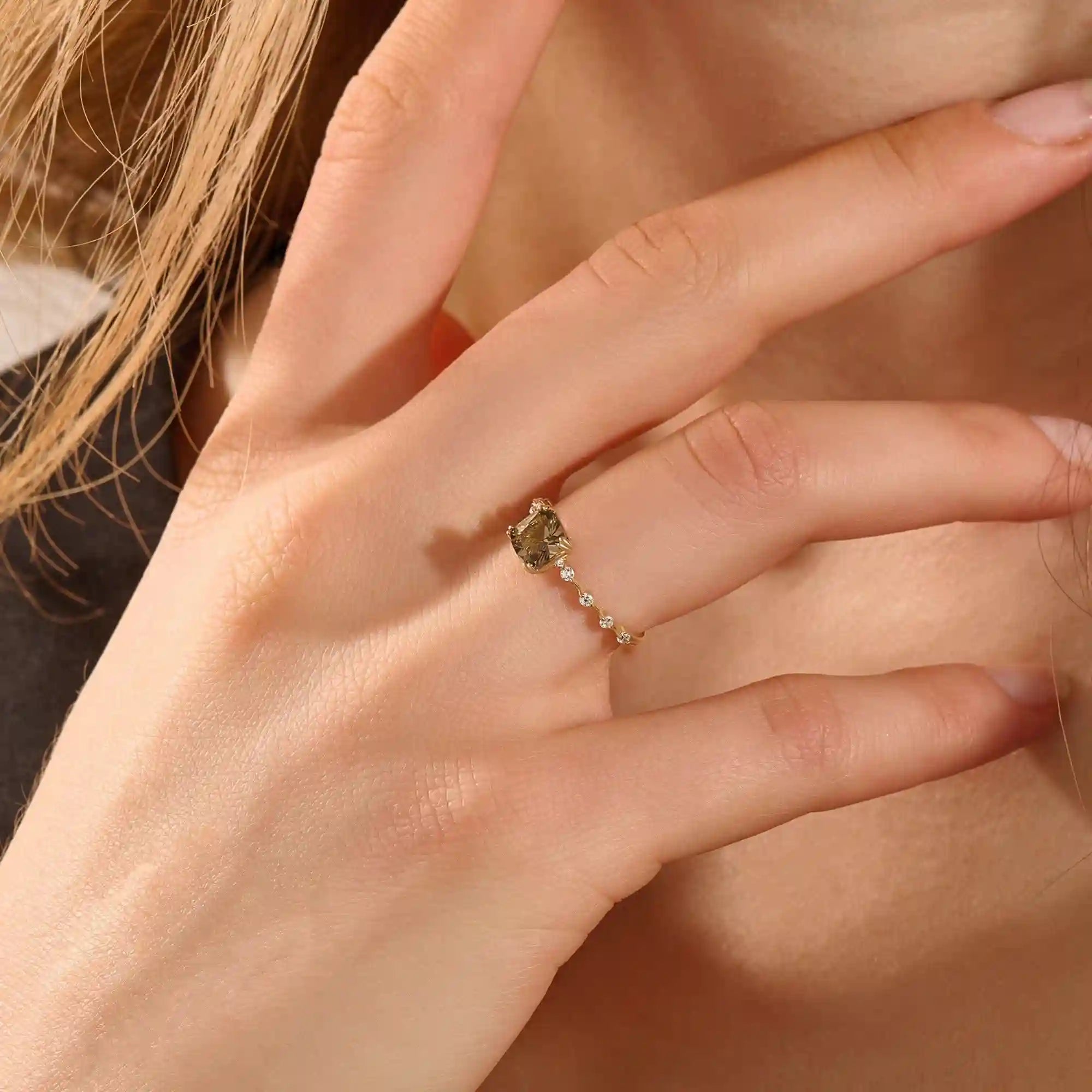 14k solid gold cushion cut lab grown smoky grey quartz engagement ring for women