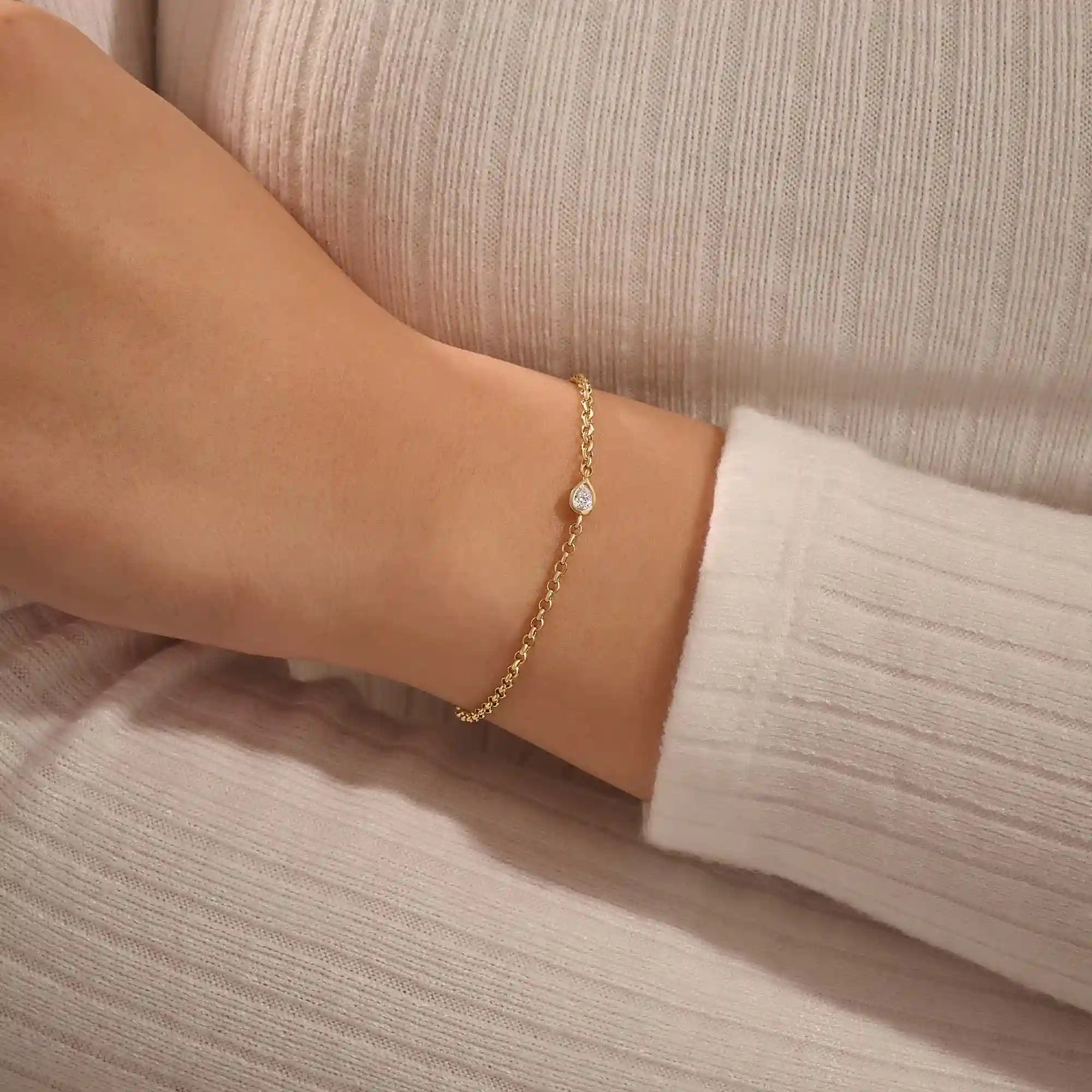 14k solid gold solo bezel set pear bracelet for women