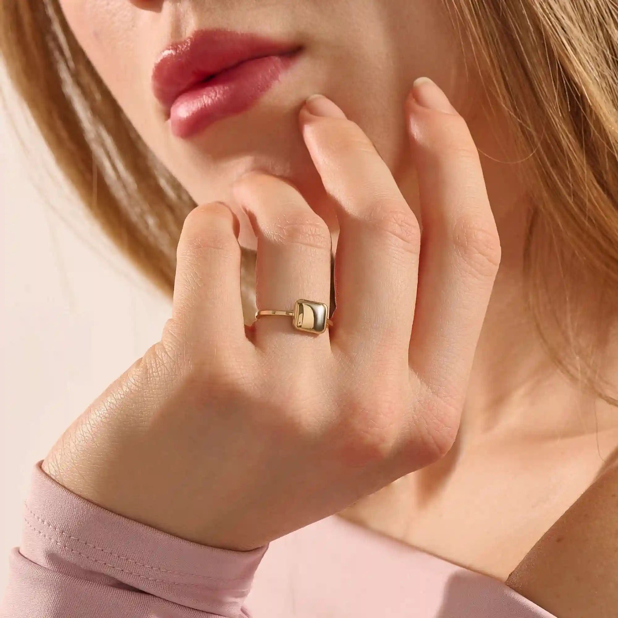 slim band with a square-shaped dome at front statement pinky signet ring for women in 14k solid gold