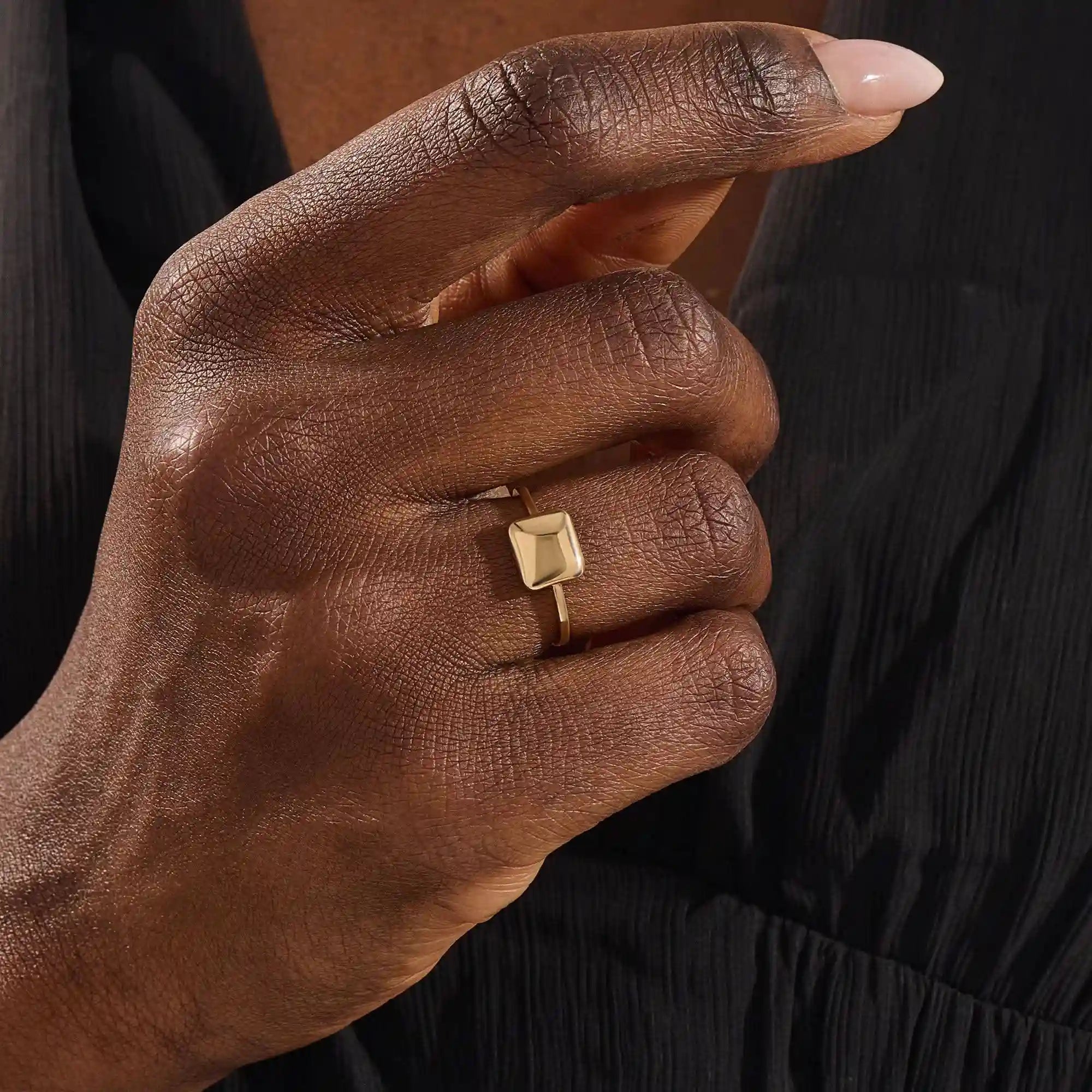 slim band with a square-shaped dome at front statement pinky signet ring for women in 14k solid gold
