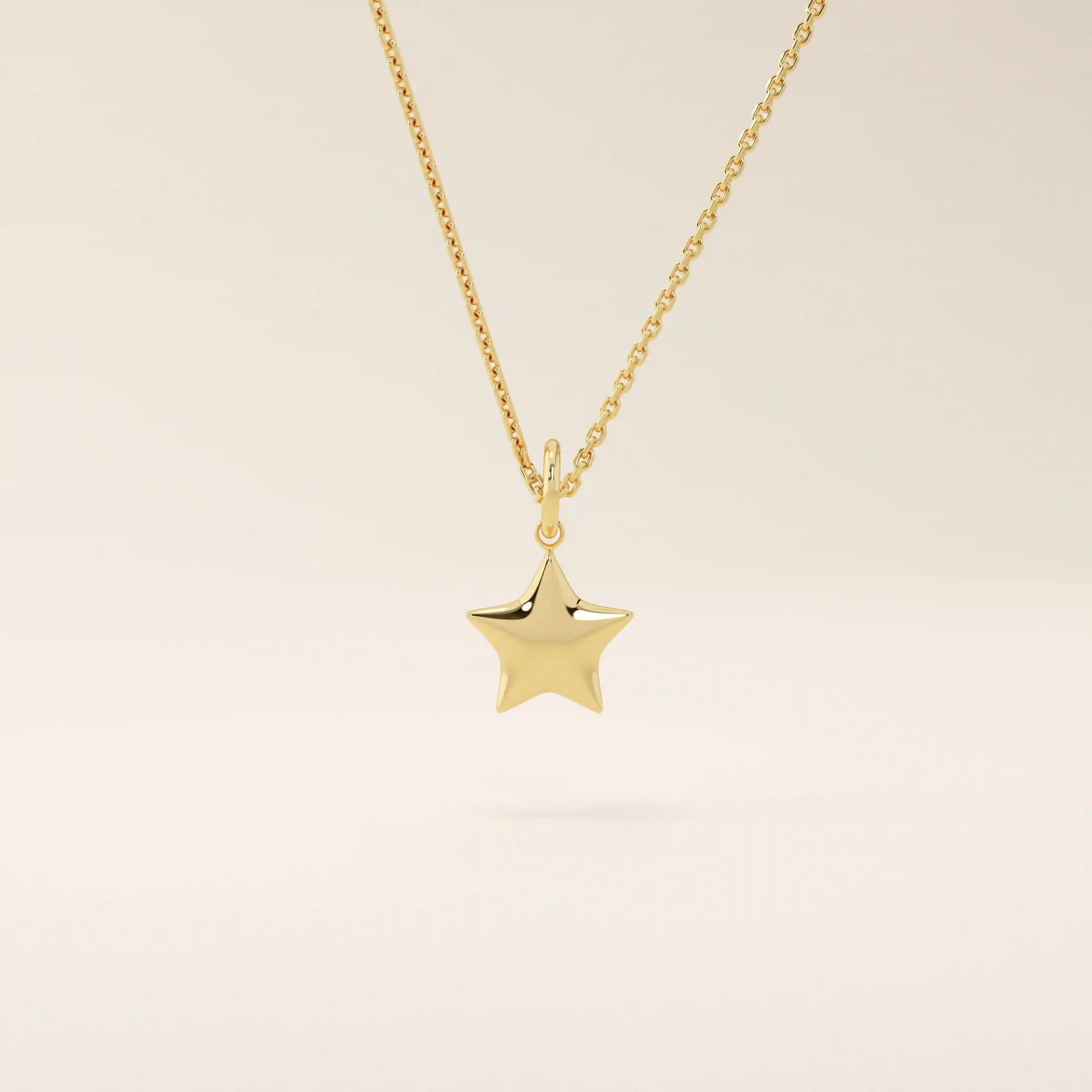 14K SOLID PLAIN YELLOW GOLD 3D STAR PENDANT NECKLACE FOR WOMEN