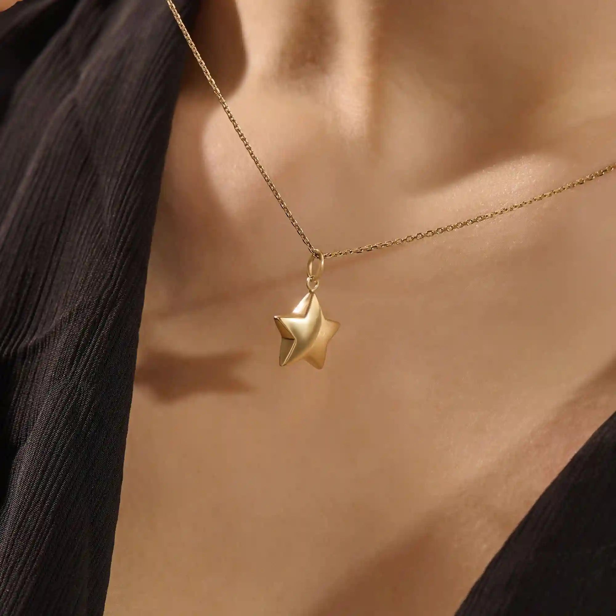 14K SOLID PLAIN YELLOW GOLD 3D STAR PENDANT NECKLACE FOR WOMEN