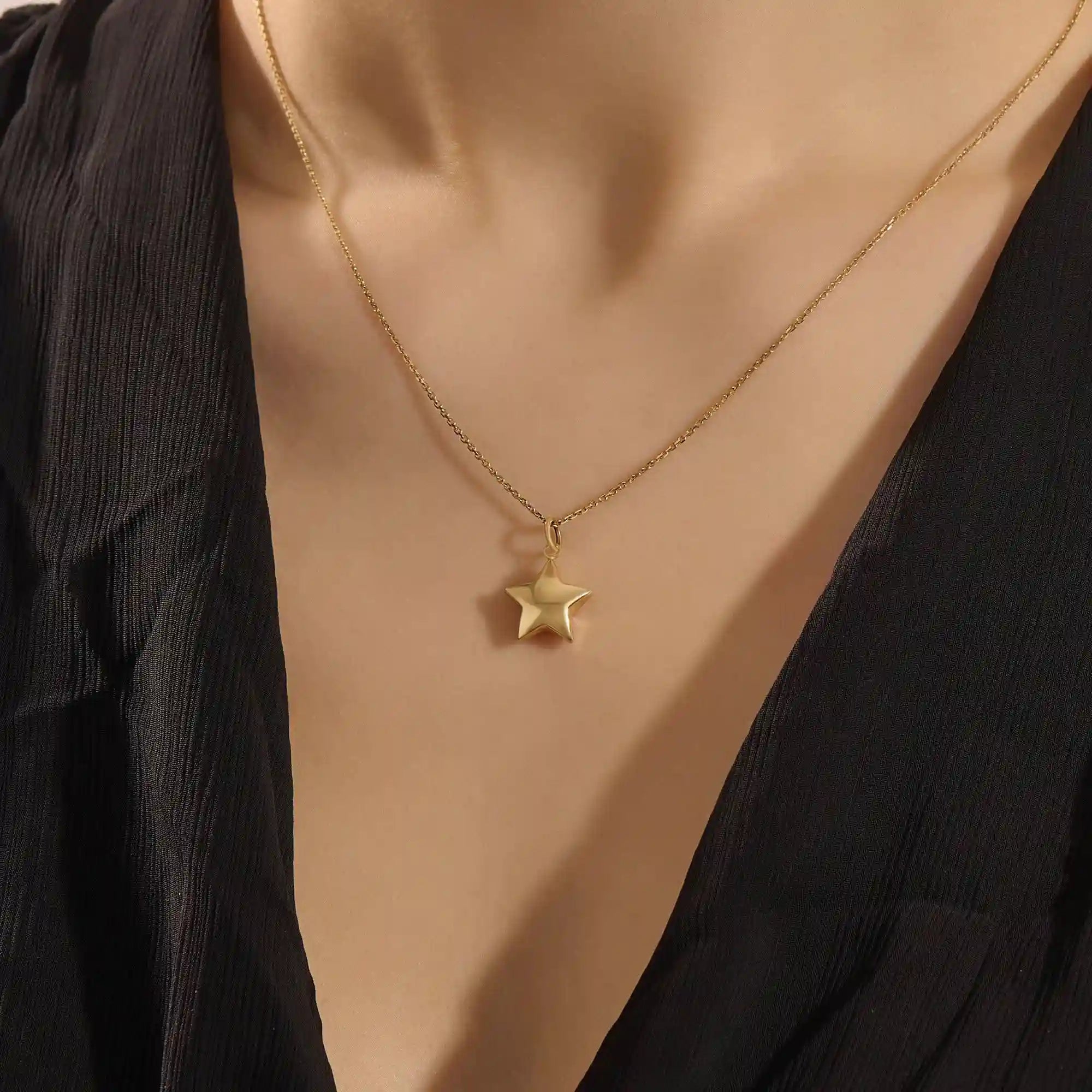 14K SOLID PLAIN YELLOW GOLD 3D STAR PENDANT NECKLACE FOR WOMEN