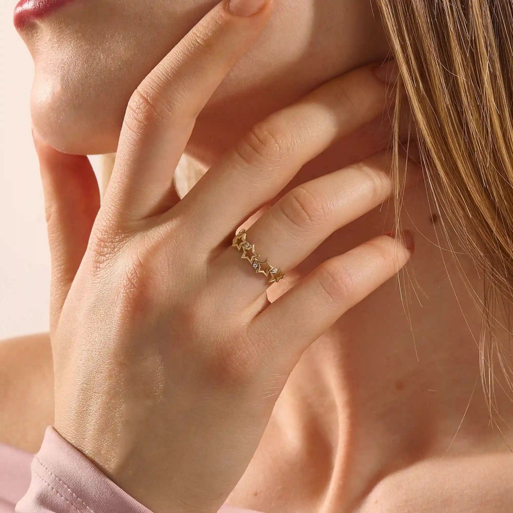 14K SOLID GOLD STARRY 5 STAR STACKABLE STATEMENT RING FOR WOMEN