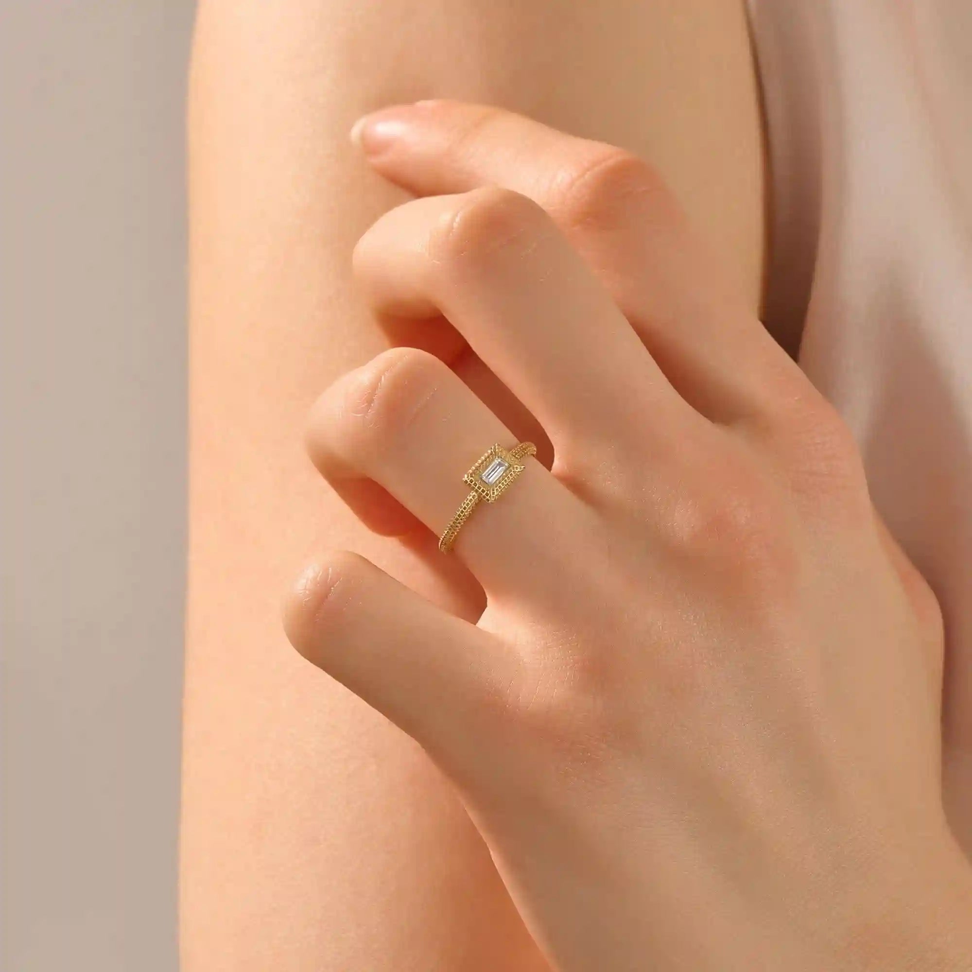 14k solid gold textured band bezel set baguette engagement ring for women